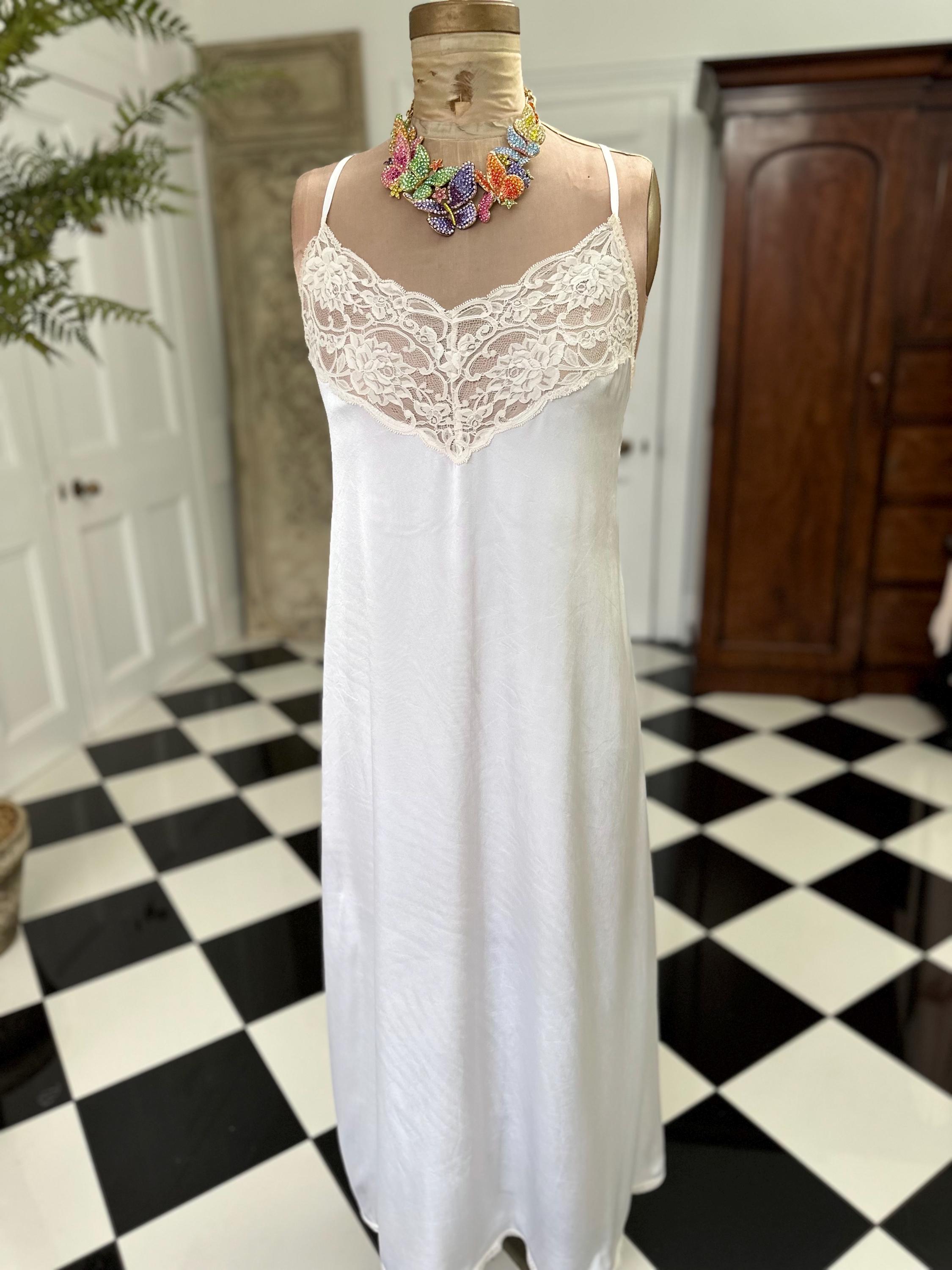 Vintage 1970 Soft White Satin Slip Dress Cream Lace Alluring Design