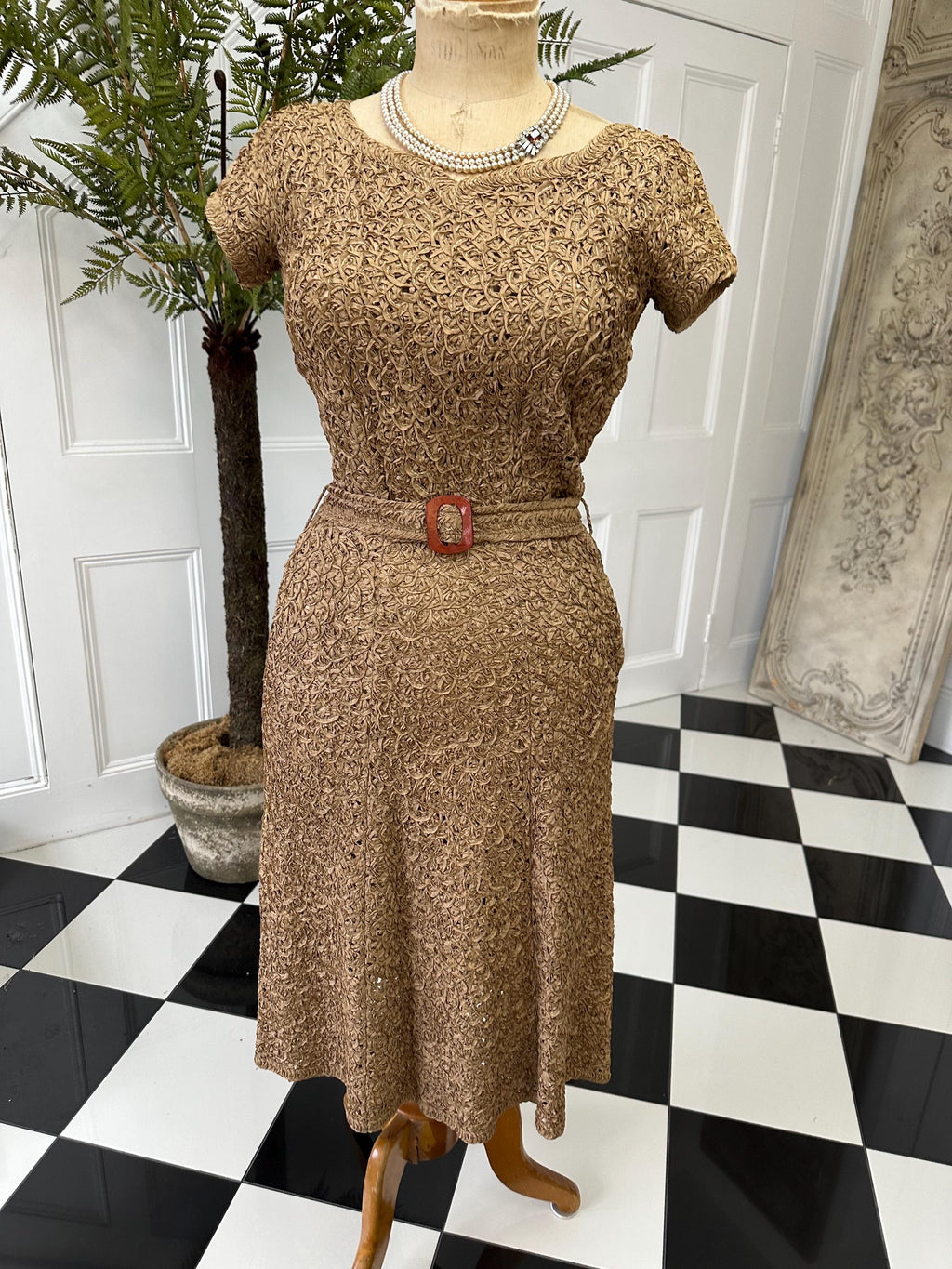 1940s Ribbon Work Dress: Brown Vintage Irene of Glenton