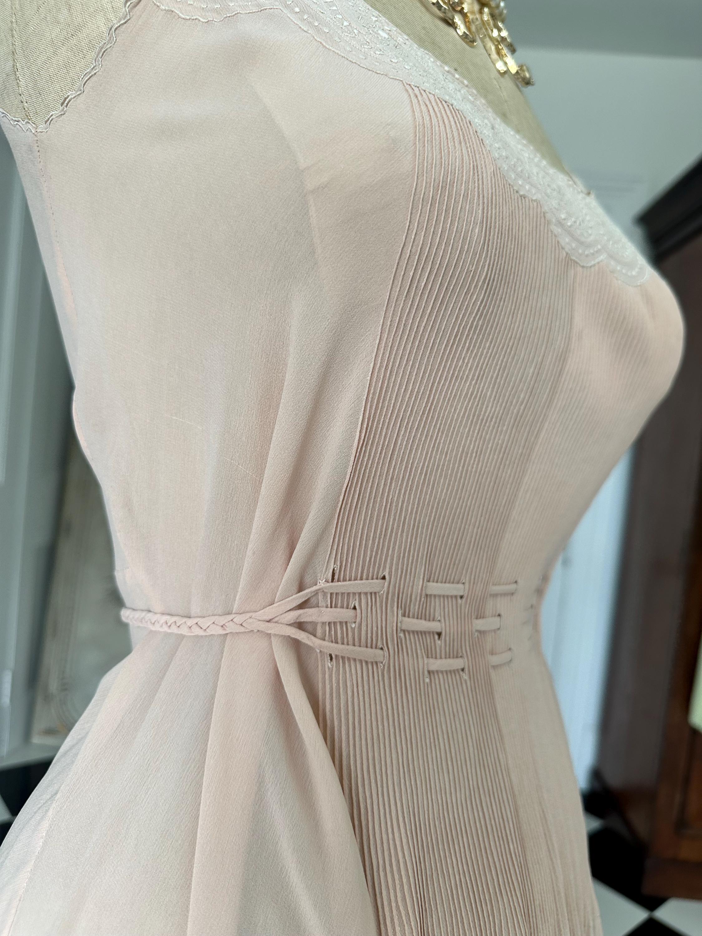 1930s Silk Crepe Gown: Hand-Embroidered Lace, Bias Cut Maxi Dress