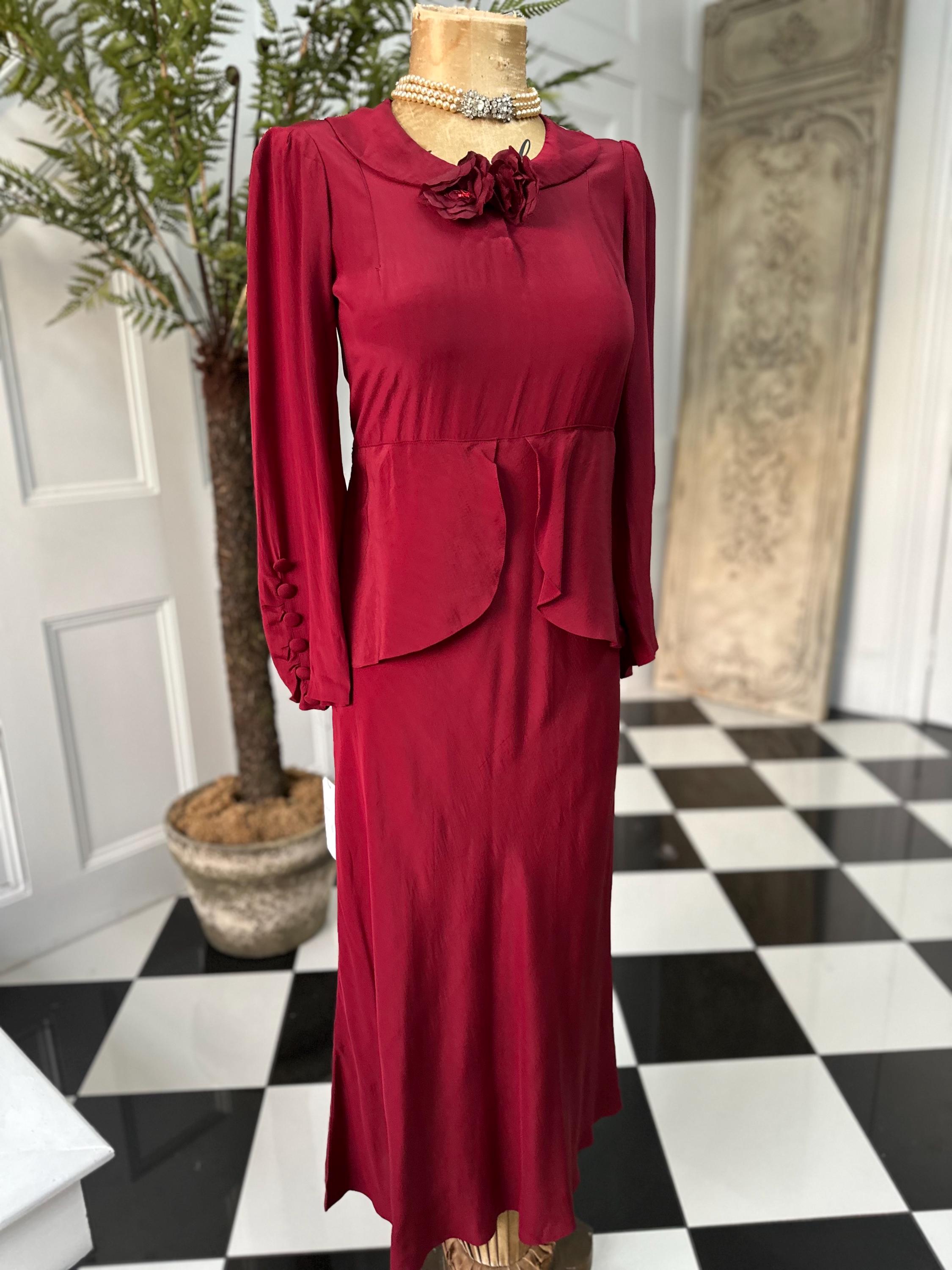 1940 Ruby red peplum dress with silk corsage