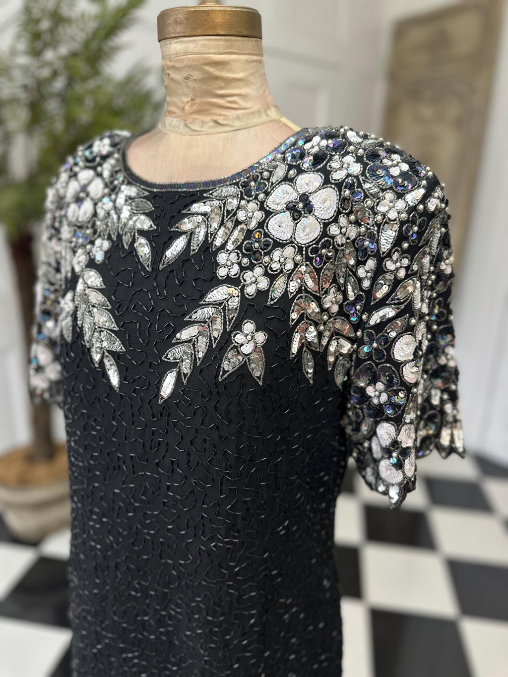 1980s black and silver beaded black tie party dress