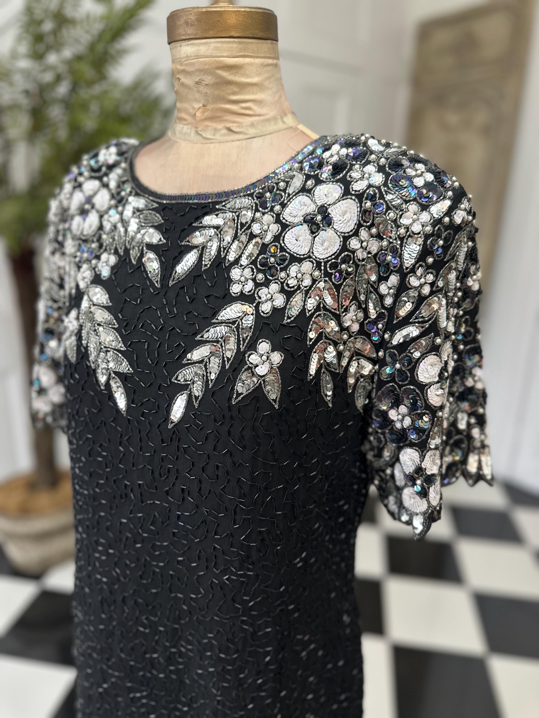 1980s black and silver beaded black tie party dress