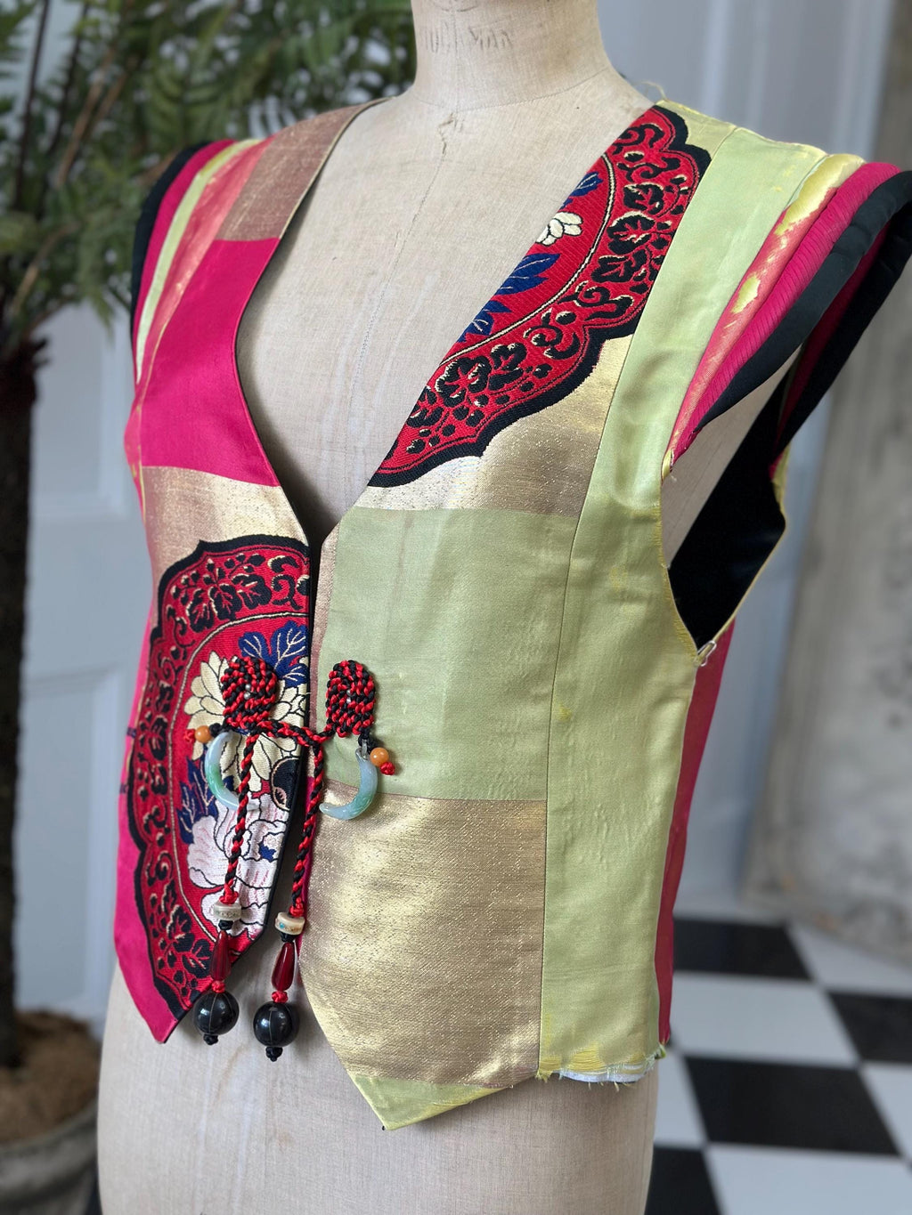 Vintage reversible  silk Japanese jacket waistcoat with jade stone