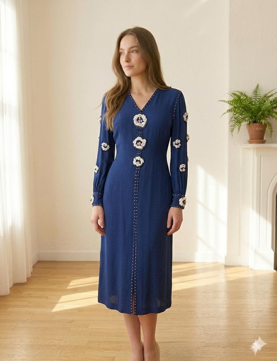 1970s Navy blue silk sequin and beaded knee length evening dress