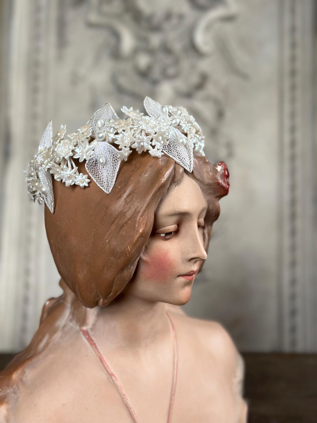Antique 1940s  Floral Wax Tiara with tulle