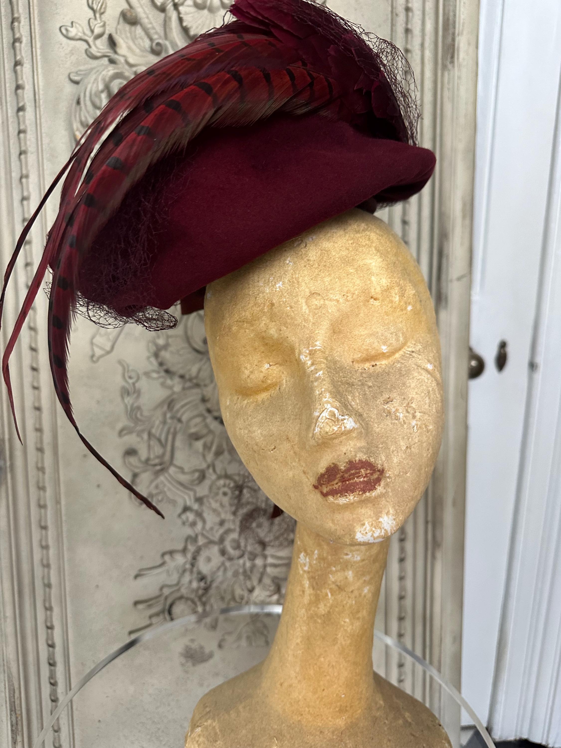 1950s Dark Red Felt Wool Hat with Feathers