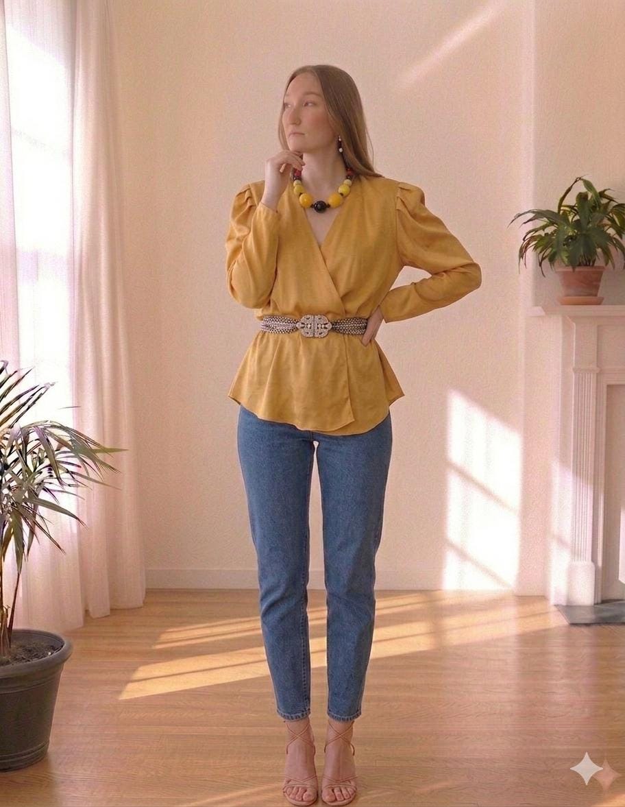 Vintage 1980s silk long sleeve wrap blouse in mustard