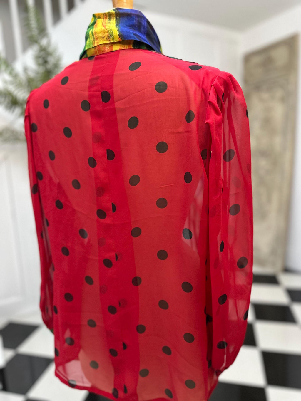 1980s Silk Crepe Blouse: Red Polka Dot Long Sleeve with Pussy Bow
