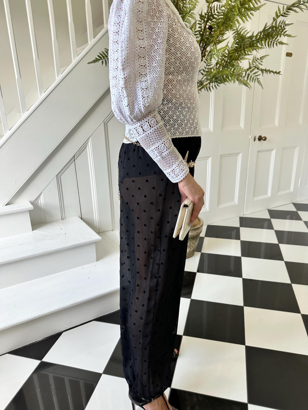 Vintage 1970s hand crochet white  Victorian style mutton sleeve blouse