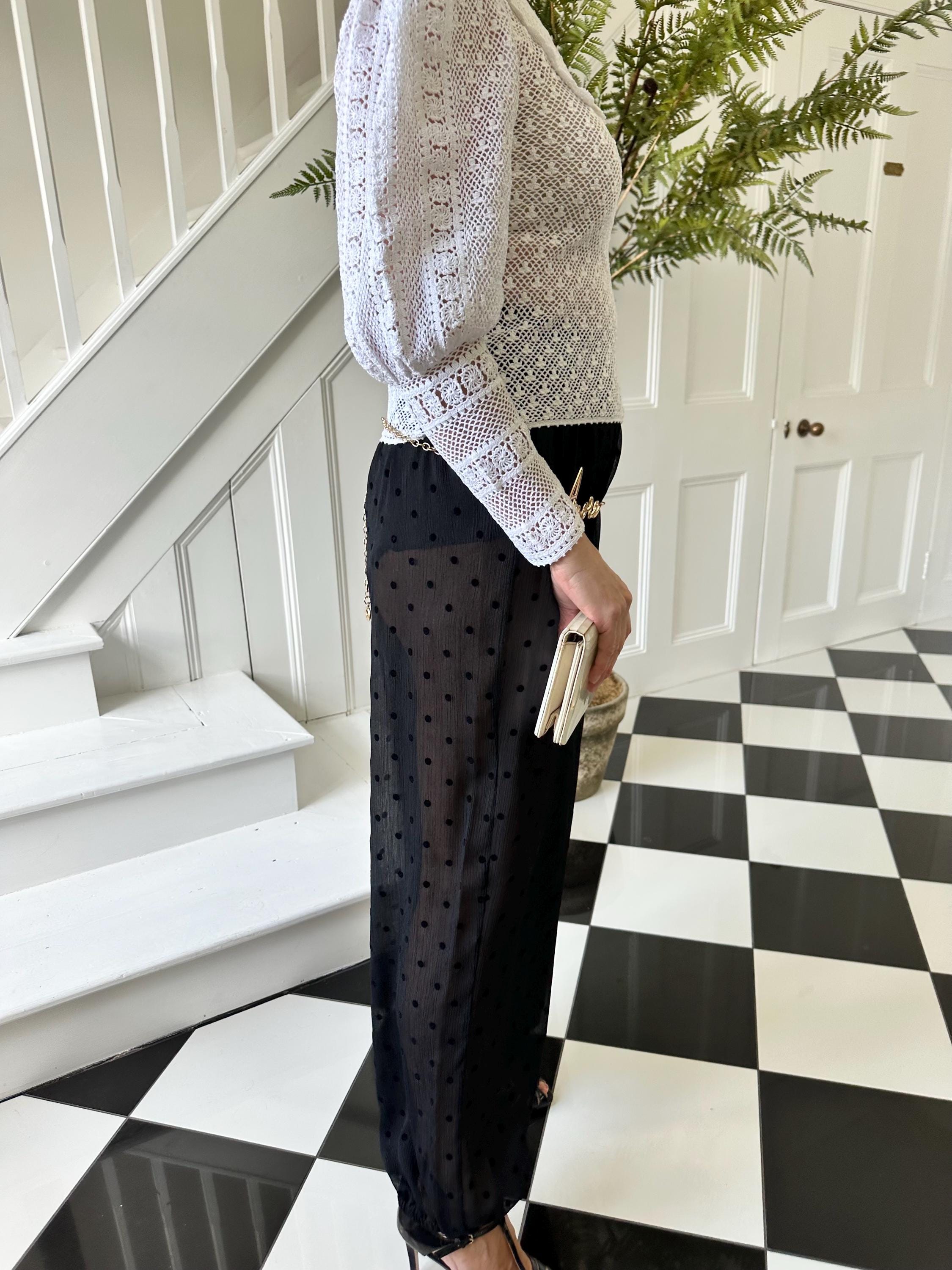 Vintage 1970s hand crochet white  Victorian style mutton sleeve blouse