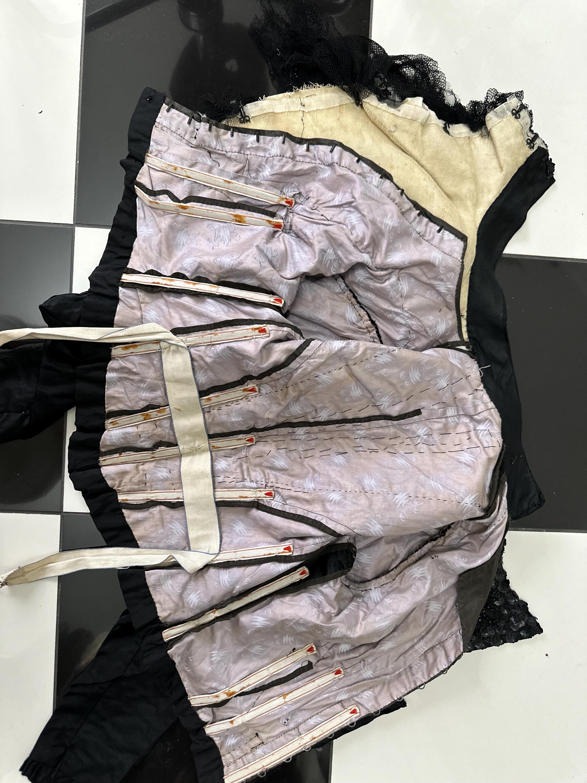 Antique Black Silk Satin Dress: Sequin Beaded Tulle Bodice, Collectible Vintage