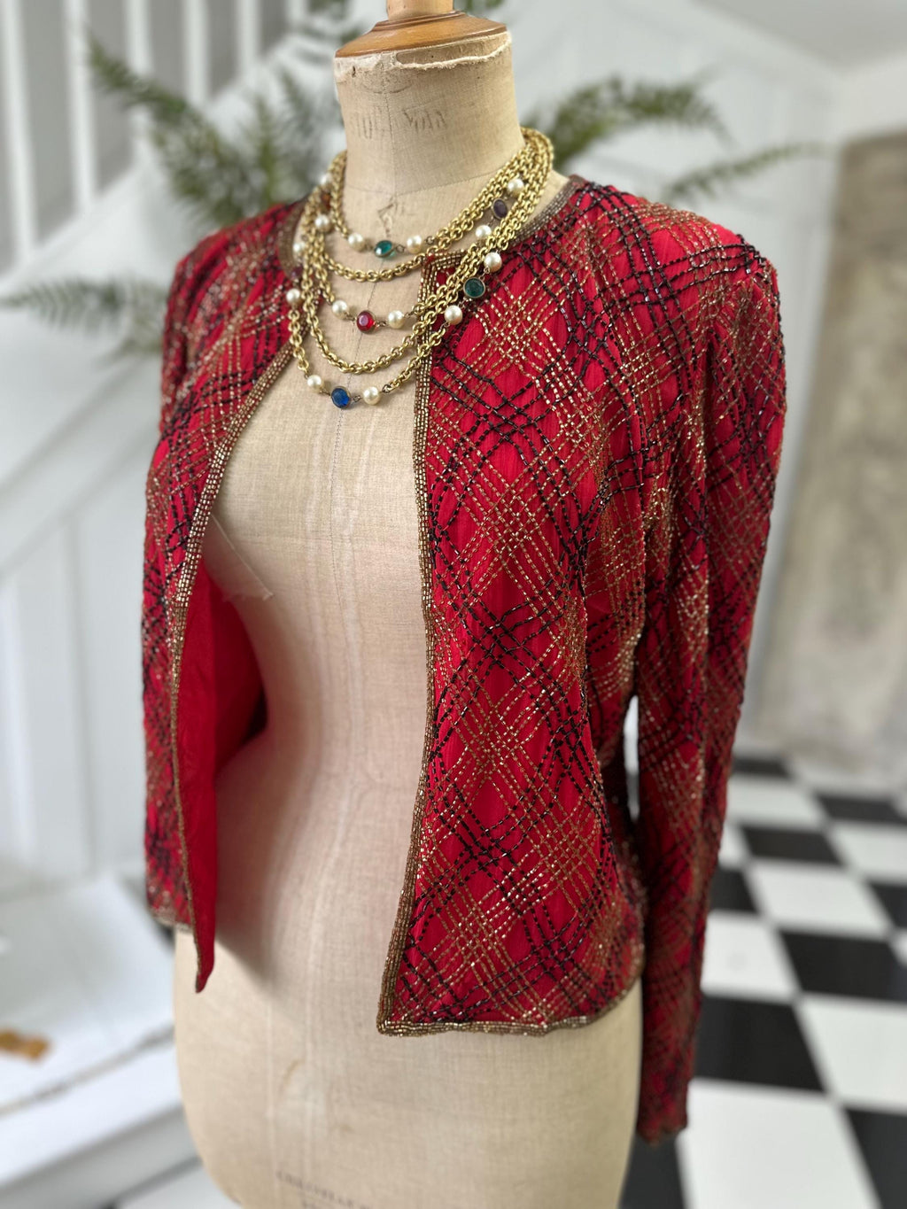 1980 silk red coctail jacket in black and gold beading