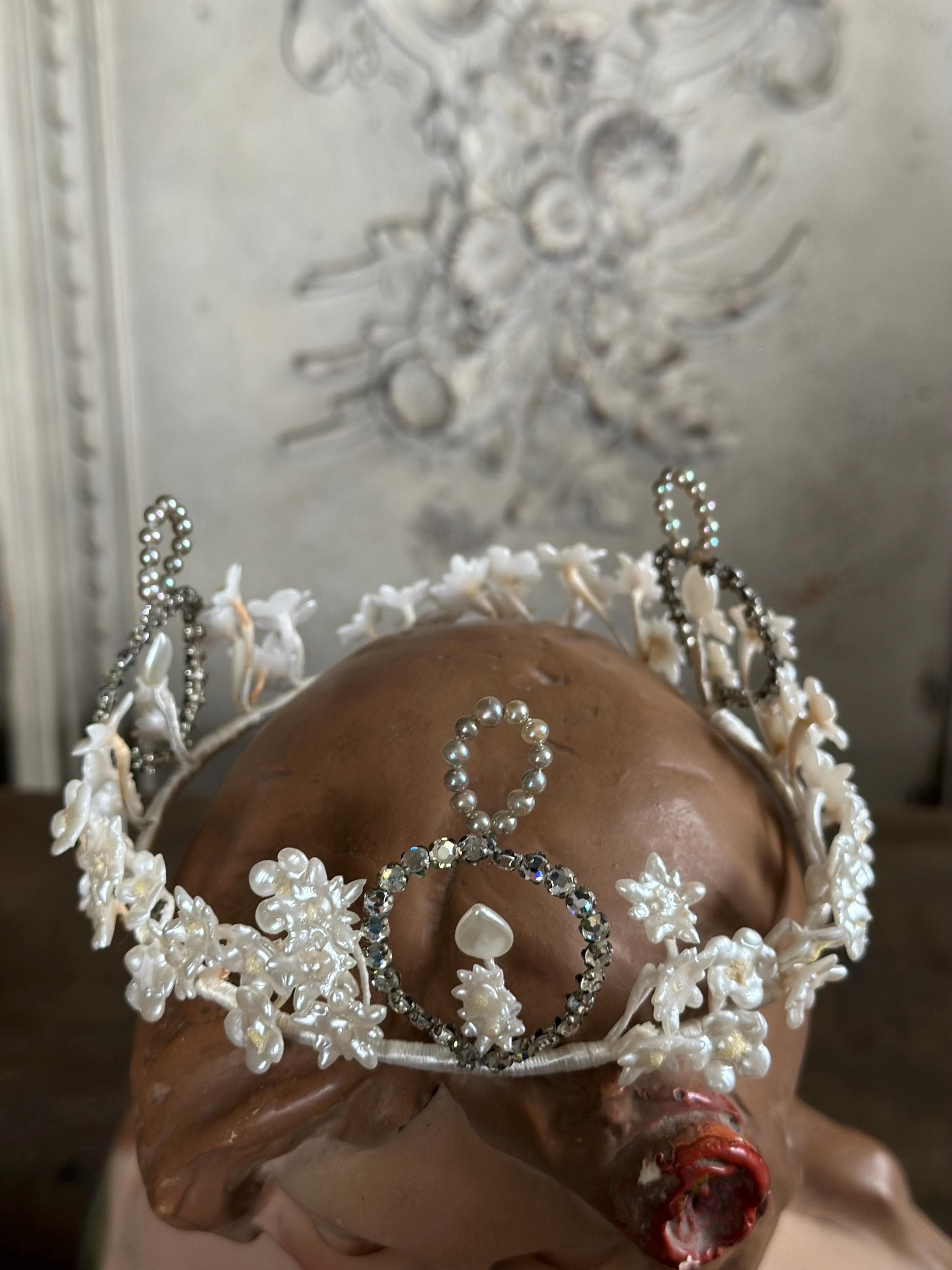1910s 1920s Wax Elegant Handcrafted Pearl and Crystal wedding Tiara