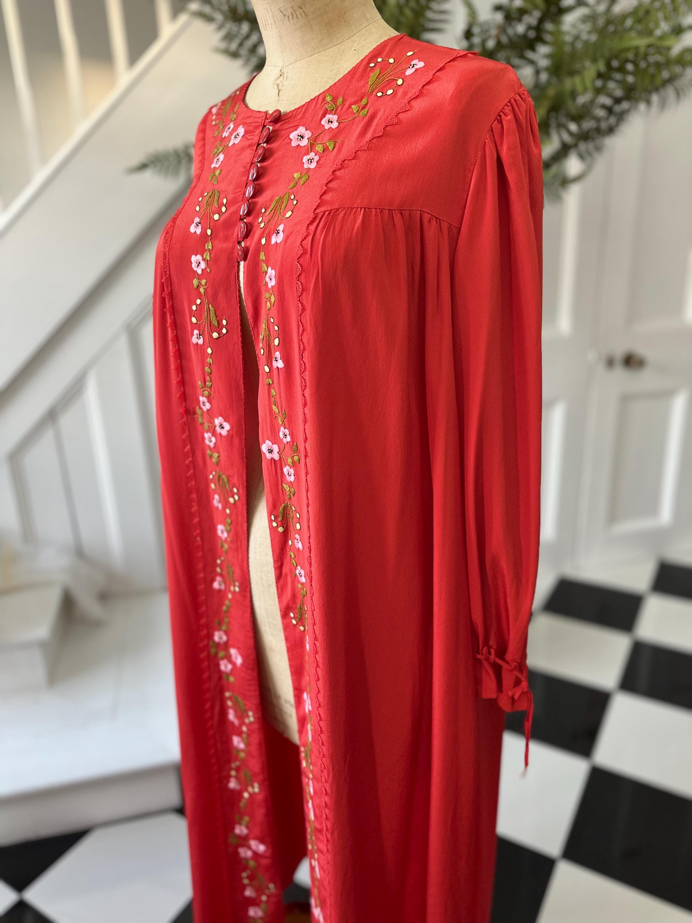 1940s Silk red house coat dressing gown with silk embroidery to the front
