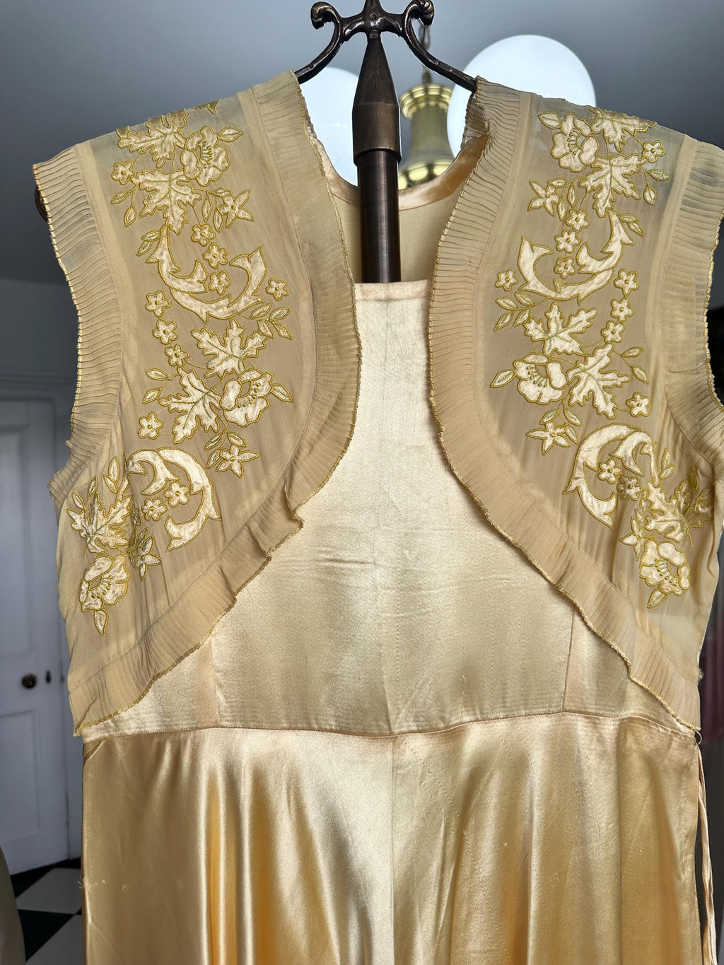 Vintage 1930s yellow Liquid Silk  Hand-Embroidered Charmeuse Bias Cut Gown slip dress
