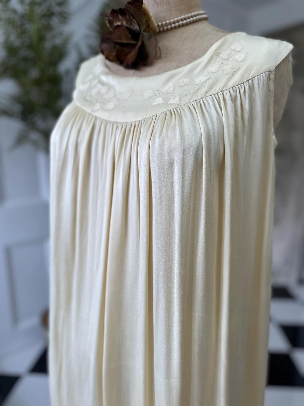 1940s boat neck  buttercup cream smock style silk slip with hand embroidery