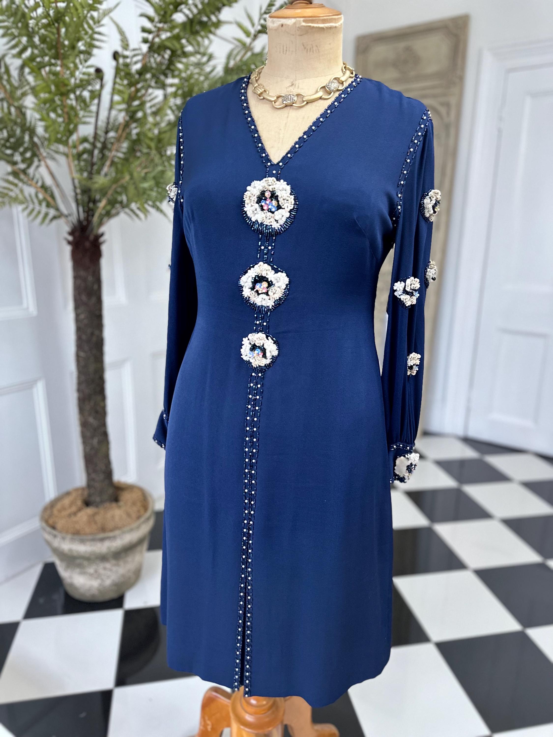 1970s Navy blue silk sequin and beaded knee length evening dress