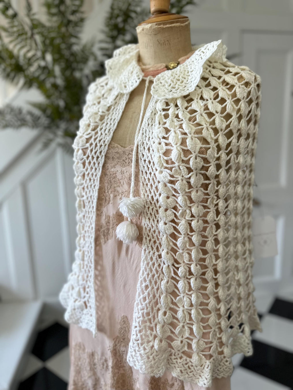 Vintage Off-White Hand Knitted Cape with Ruffle Neckline  and Pom Poms