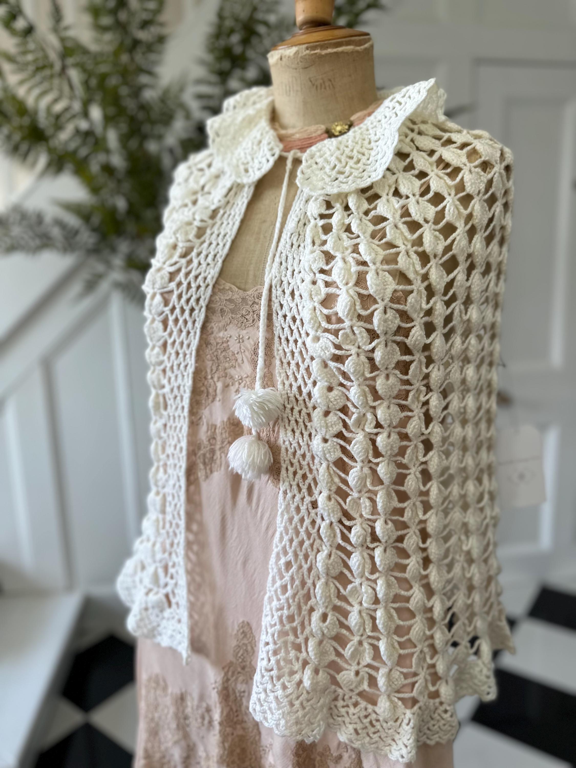 Vintage Off-White Hand Knitted Cape with Ruffle Neckline  and Pom Poms
