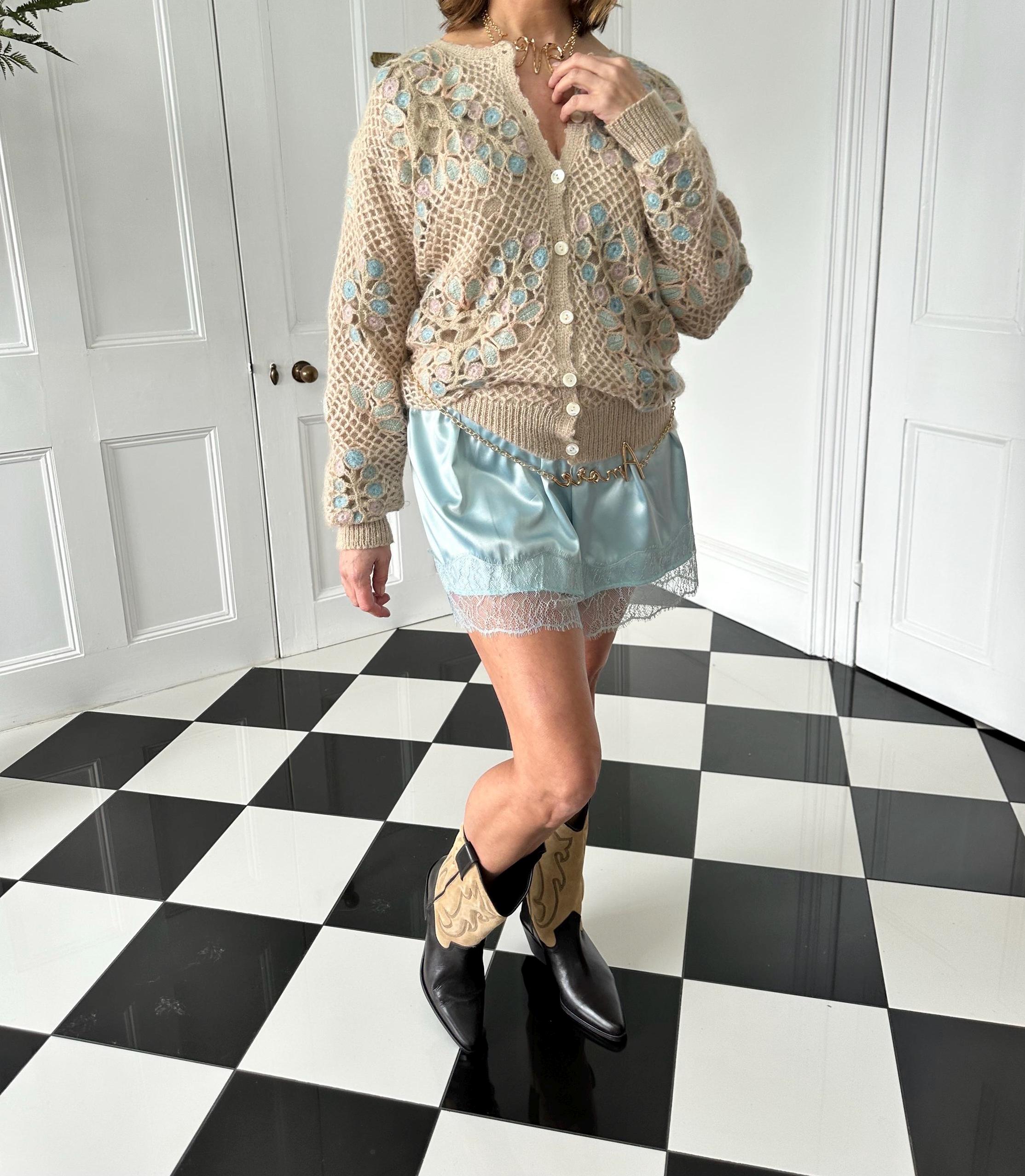 Vintage style duck egg blue French lace and satin tap pants shorts