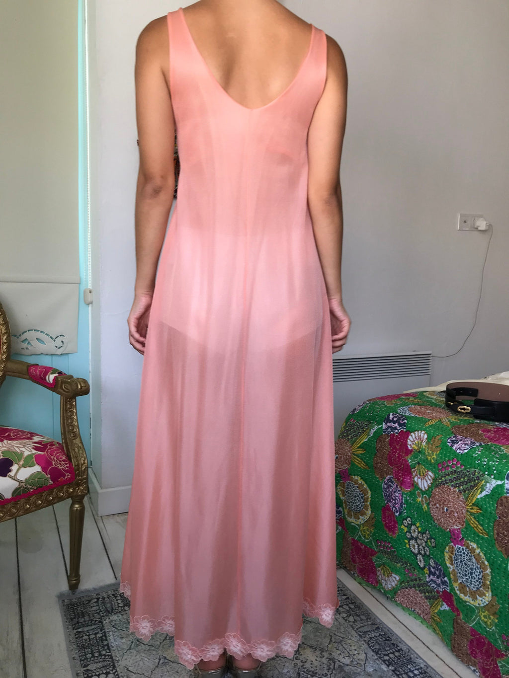 1970s long plunge neck lingerie slip dress