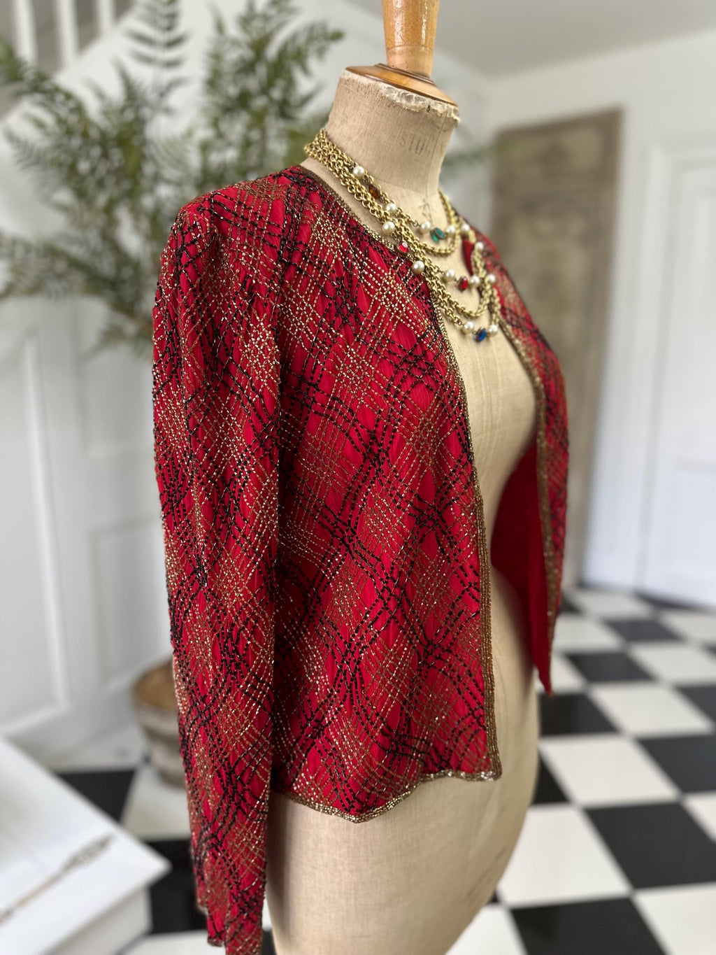 1980 silk red coctail jacket in black and gold beading