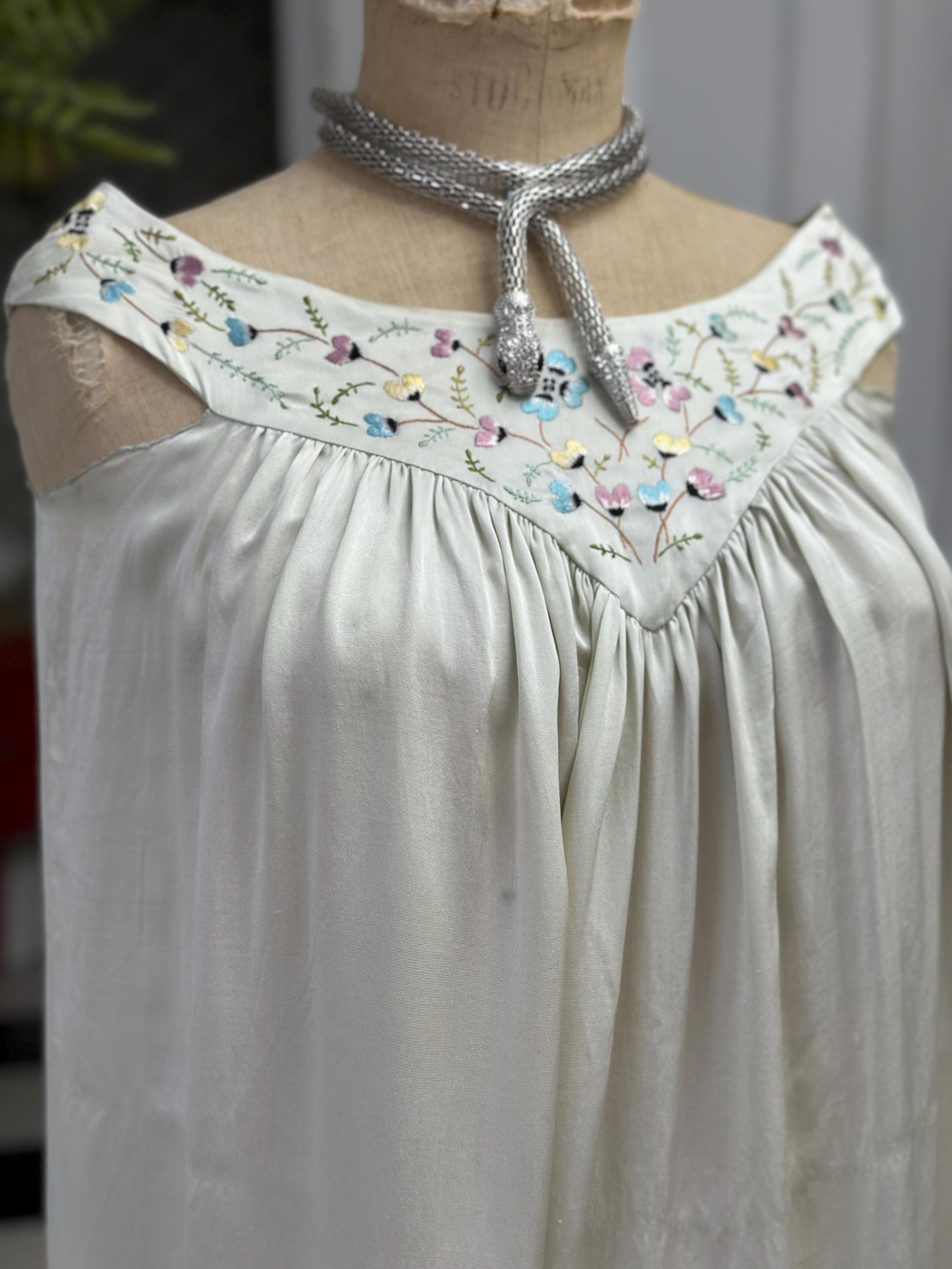 Vintage 1940s Grey Silk Slip Dress with Hand-Embroidered Details