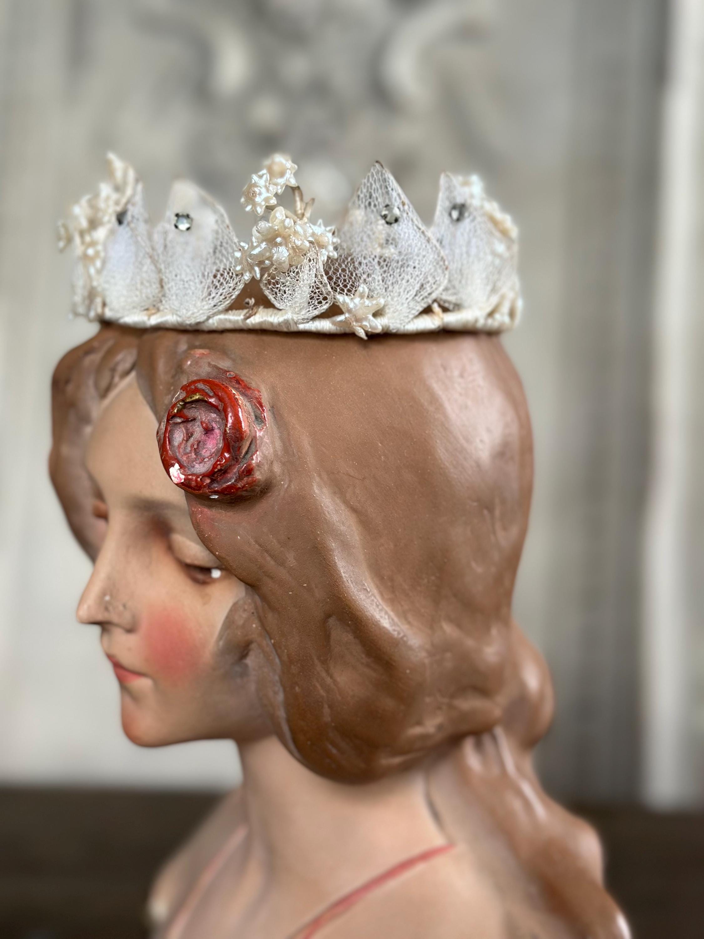 Antique 1940s  Floral Wax Tiara with tulle
