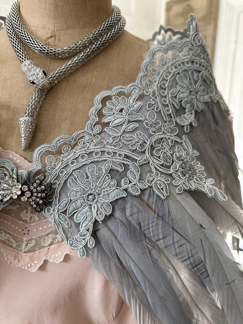 1920s 1930s Vintage style grey feather and lace cape bolero