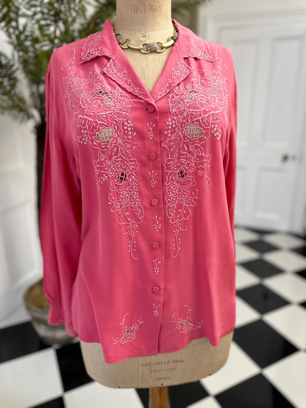 Vintage rose pink hand embroidery long sleeve blouse  large Uk 14 to Uk 16