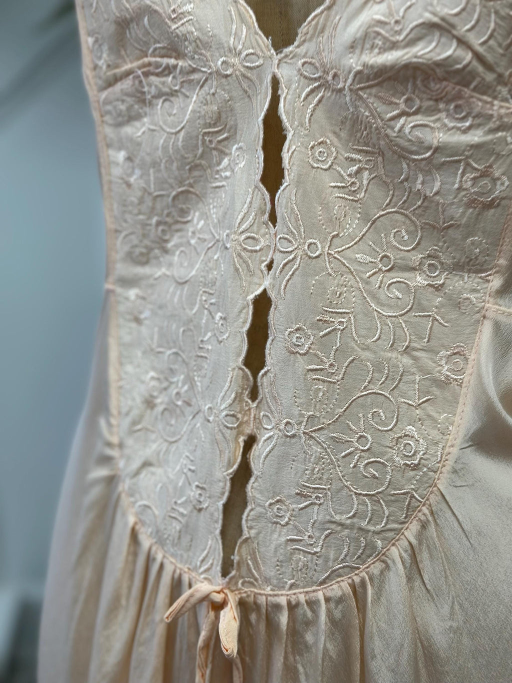 Vintage 1970s Peach Strappy Slip Dress with Heavy Embroidery