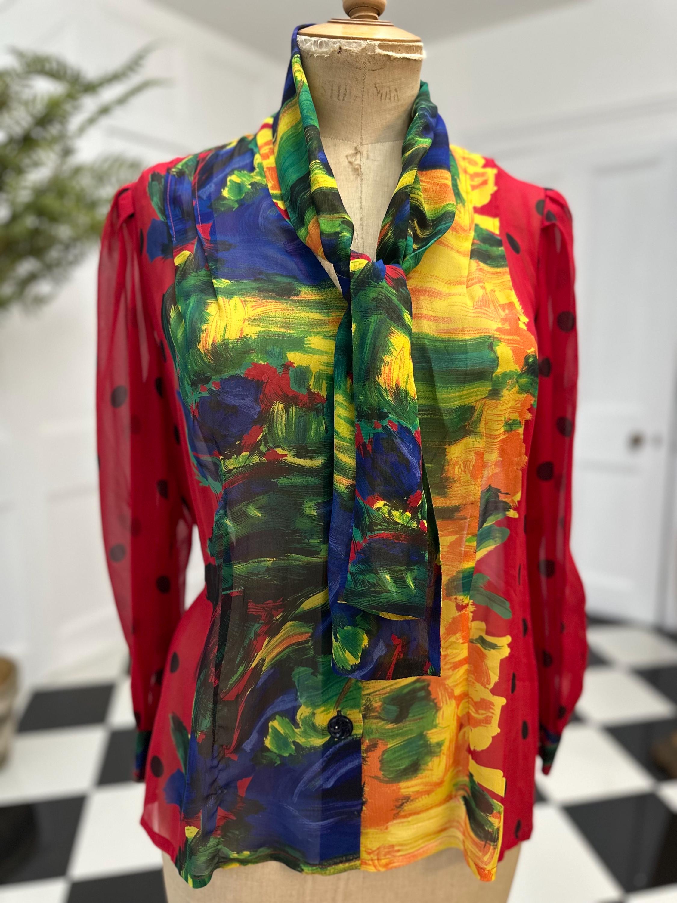 1980s Silk Crepe Blouse: Red Polka Dot Long Sleeve with Pussy Bow
