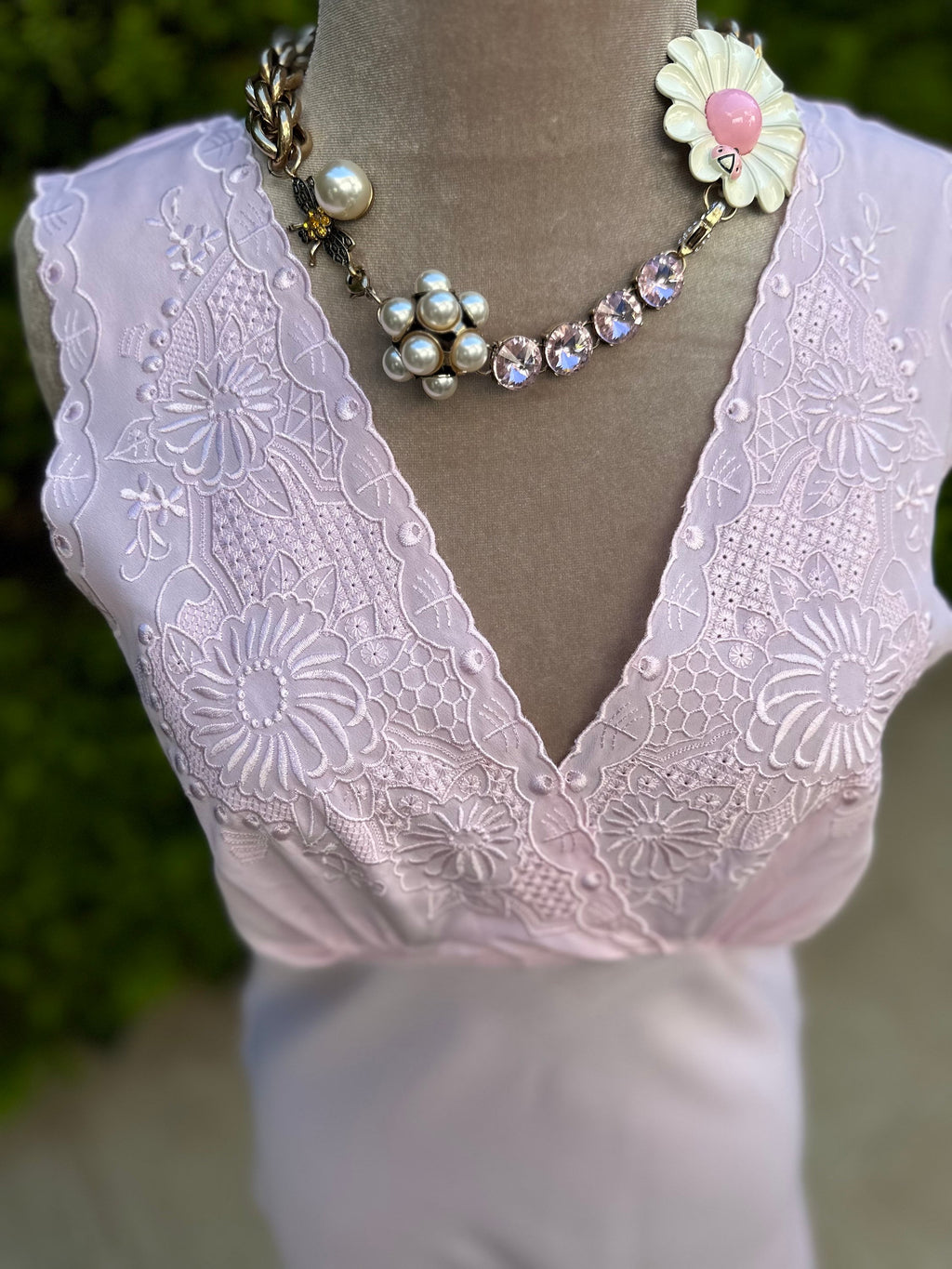 1970 Vintage long pink slip dress with a crossover top with embroidery details