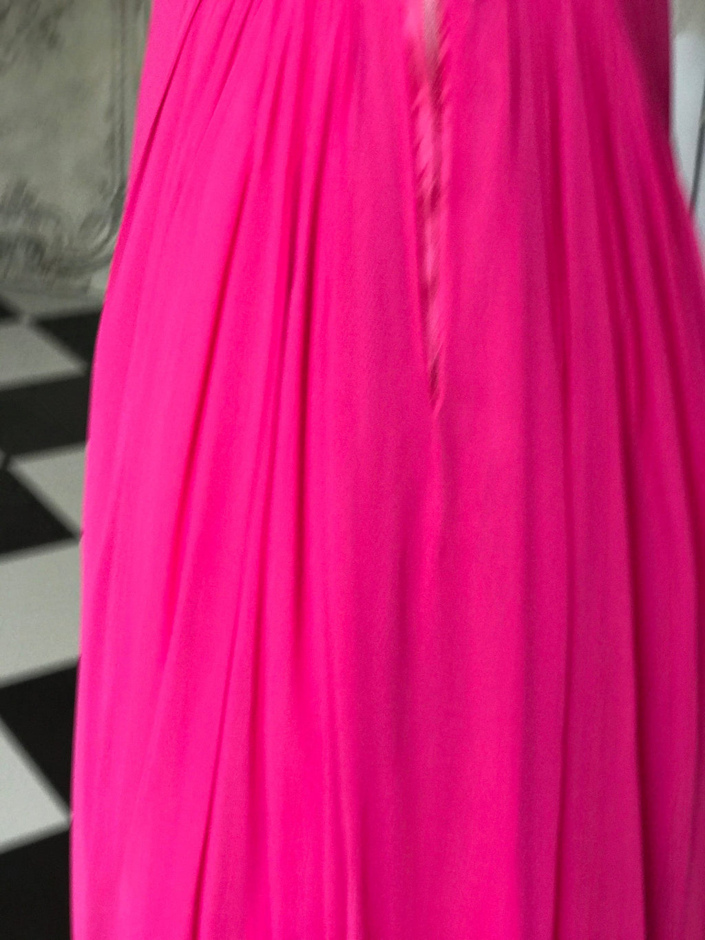 Vintage 1970s Sleeveless hot pink chiffon maxi dress with pearl buttons