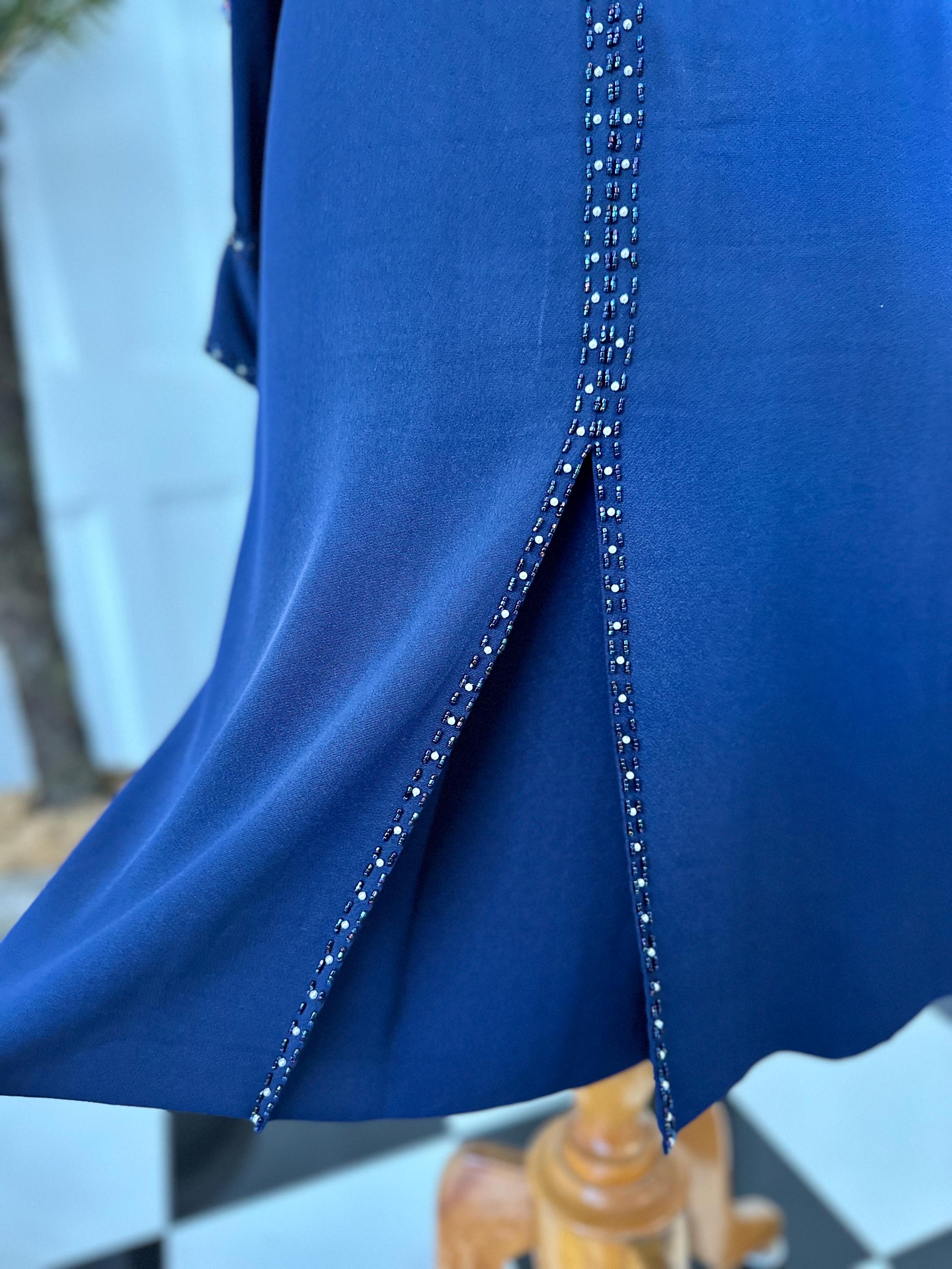 1970s Navy blue silk sequin and beaded knee length evening dress