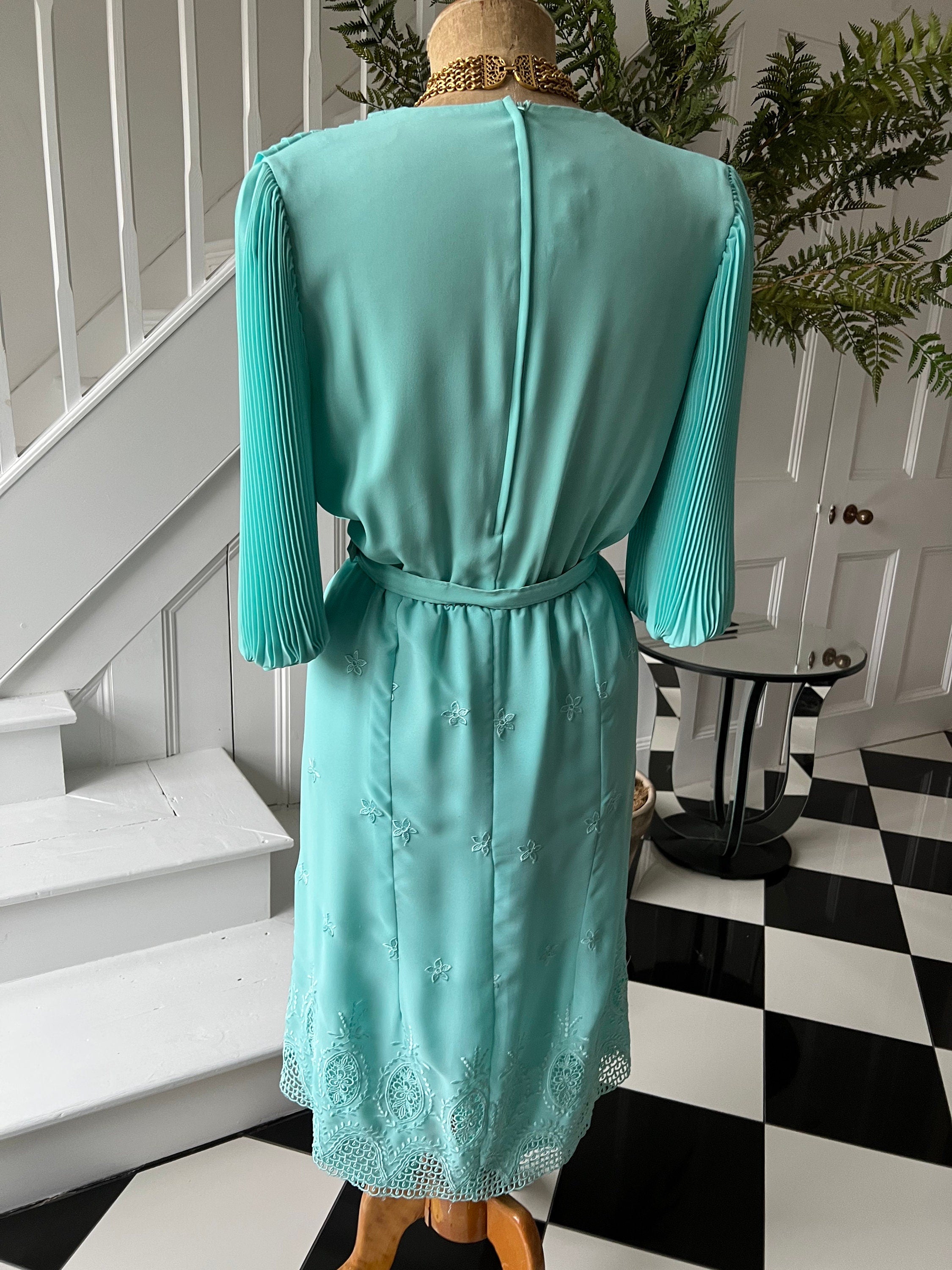 1980s Turquoise Pleated Dress: Vintage Embroidered Hem