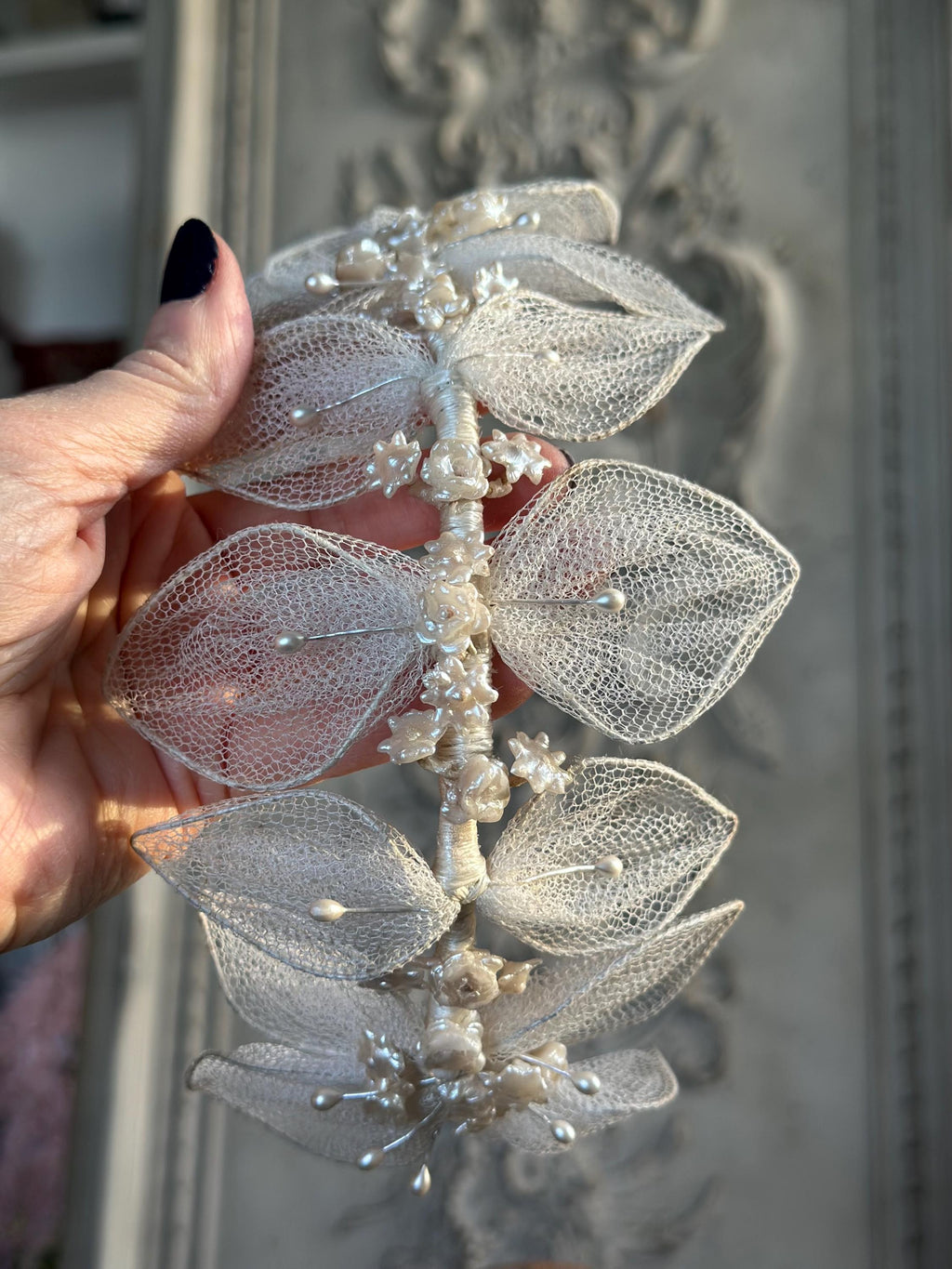 Antique 1940s  Floral Wax Tiara with tulle