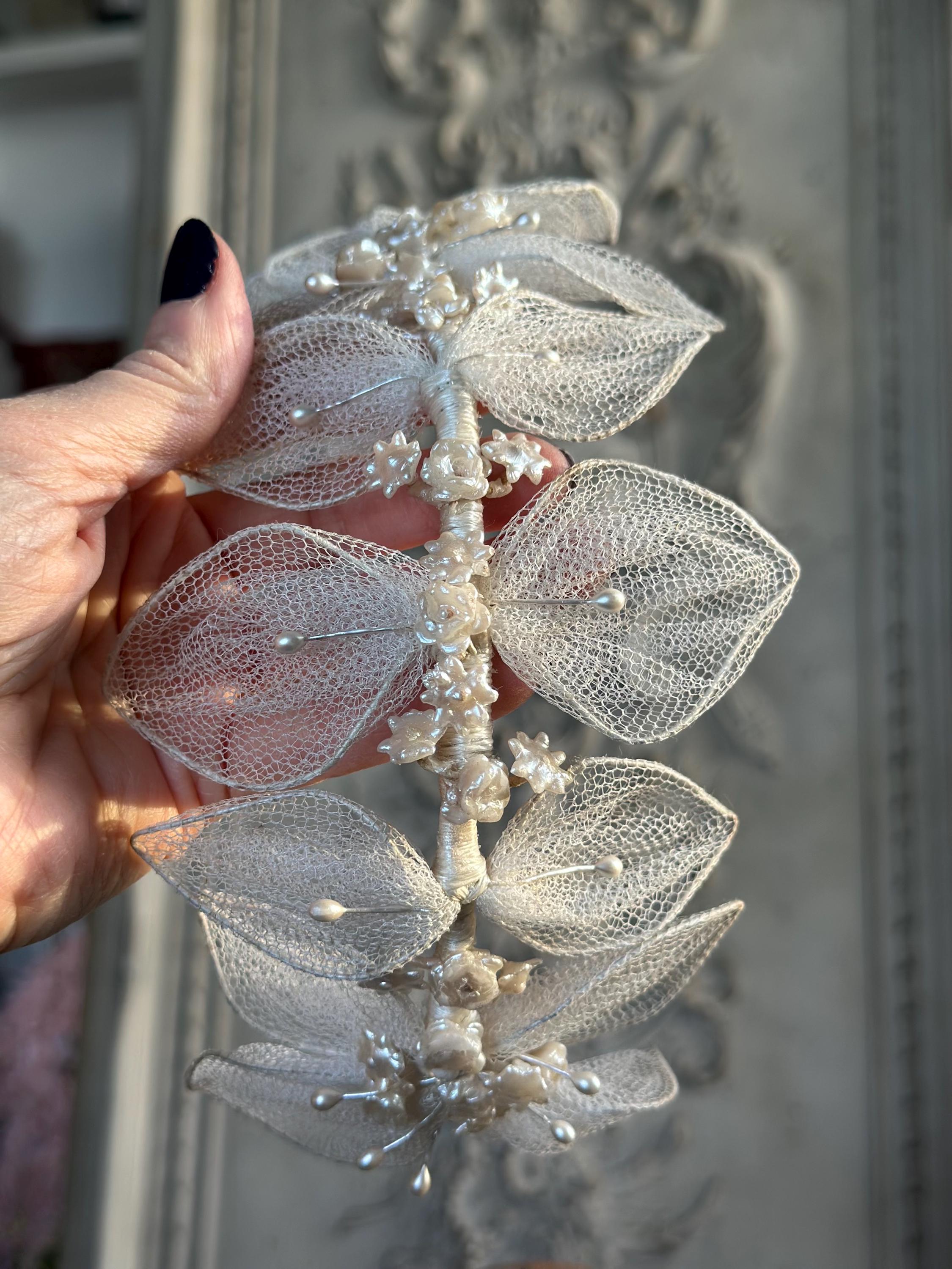 Antique 1940s  Floral Wax Tiara with tulle