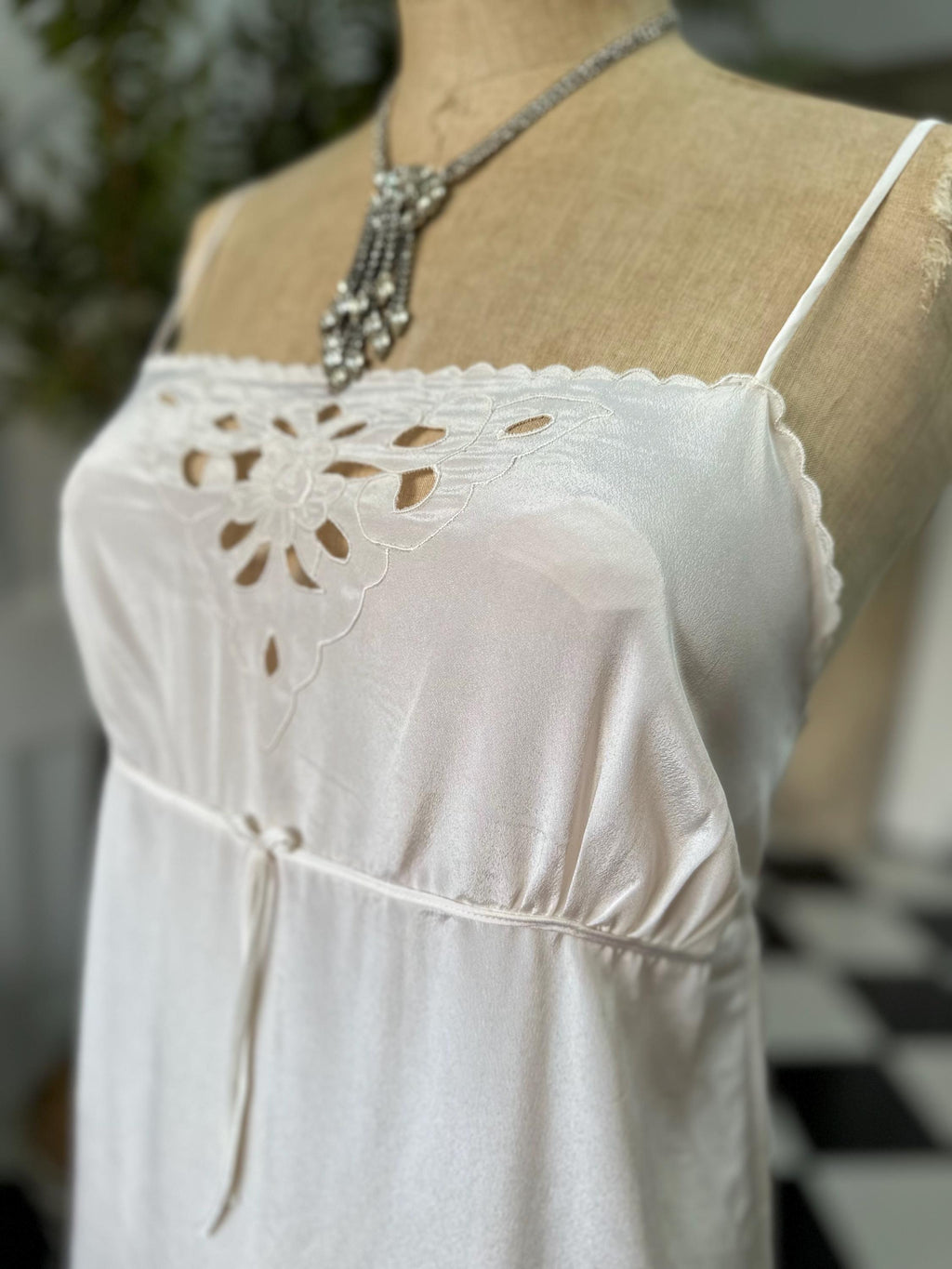 1970 long sexy slip dress with cutout lace details in off white