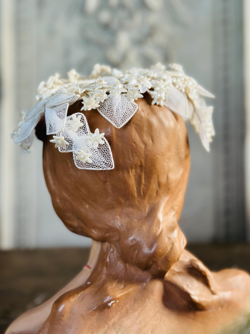 Antique 1940s  Floral Wax Tiara with tulle
