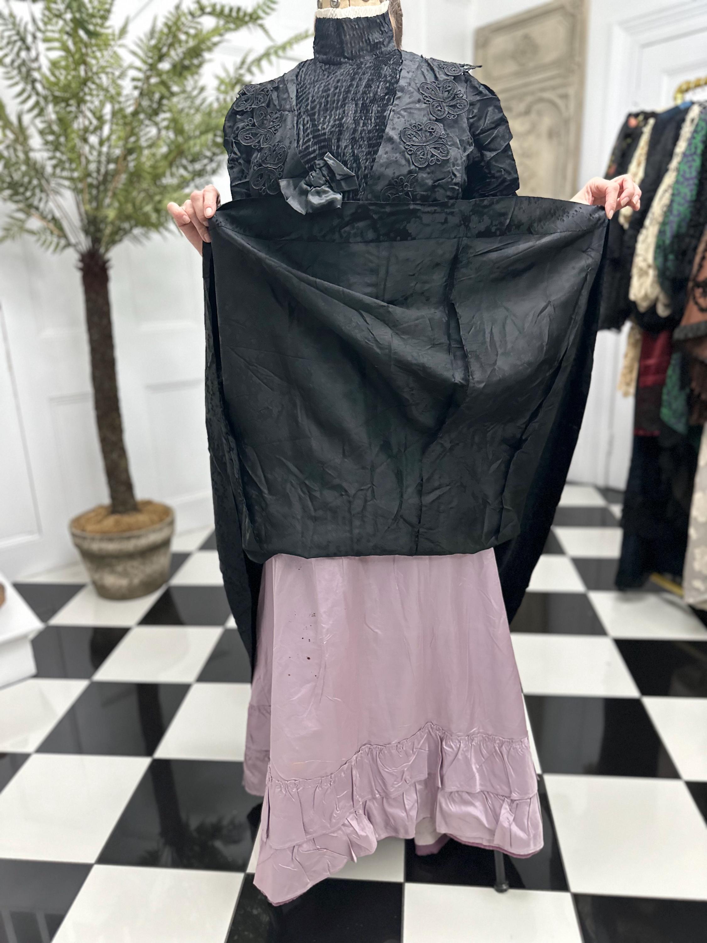 Victorian Black Silk Bodice and Skirt Set: Tape Lace Detail