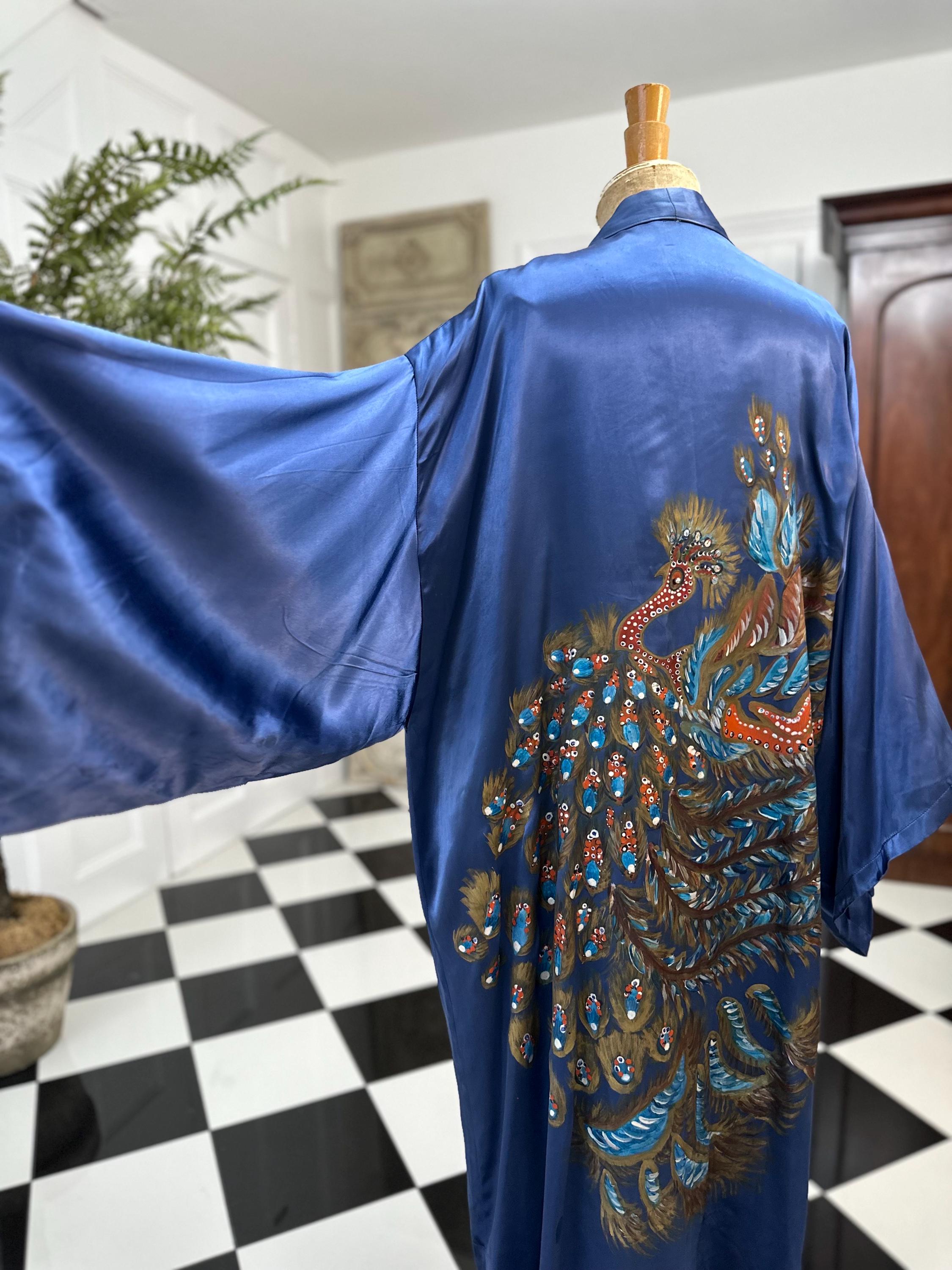 1970 Blue satin hand painted peacock design