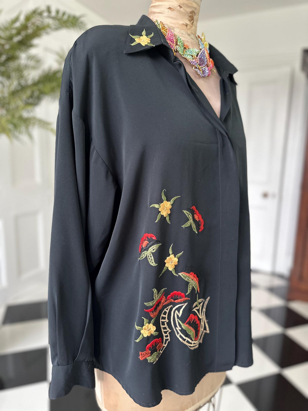 Vintage 1980s Black Long Sleeve Blouse with Embroidered Collar