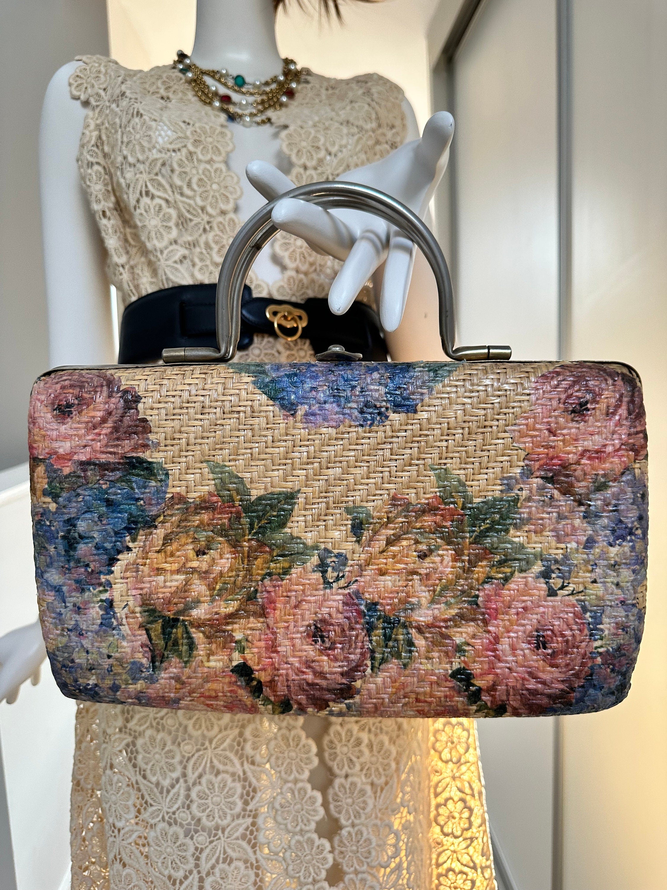 Boho 1970s hessian handbag with floral design
