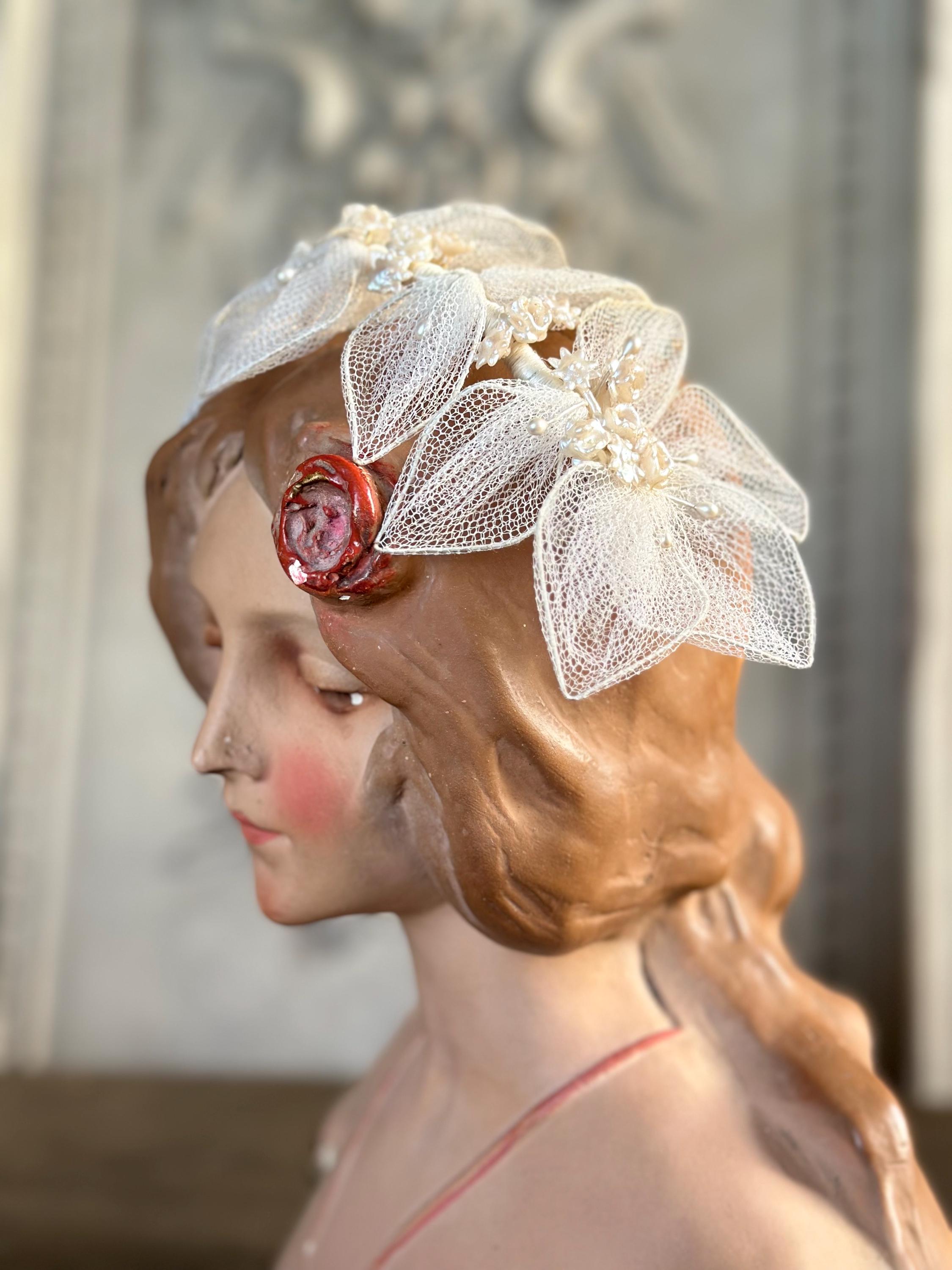 Antique 1940s  Floral Wax Tiara with tulle