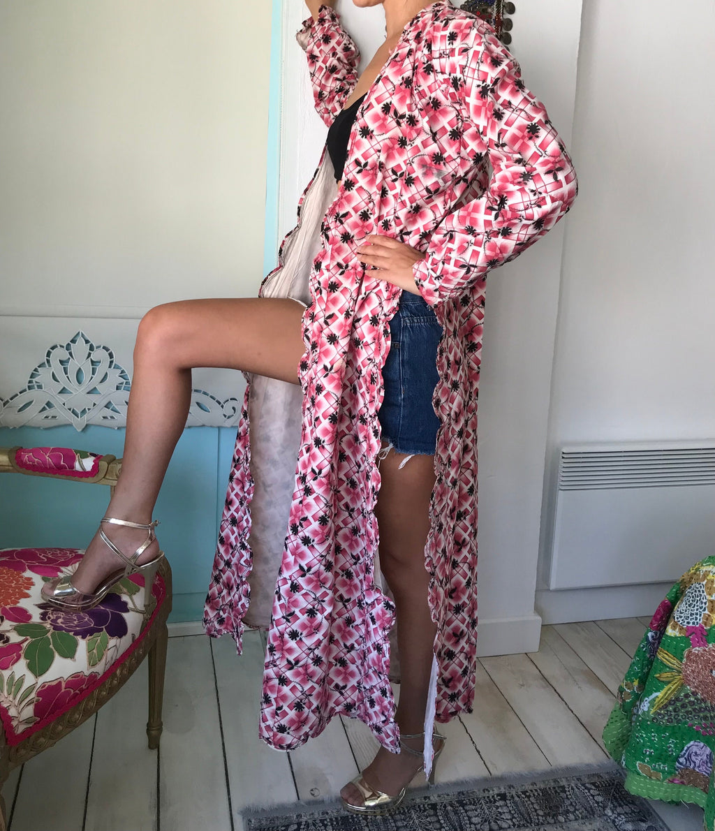 1920s Floral Cotton Kimono Robe: Turkish Style Long Coat