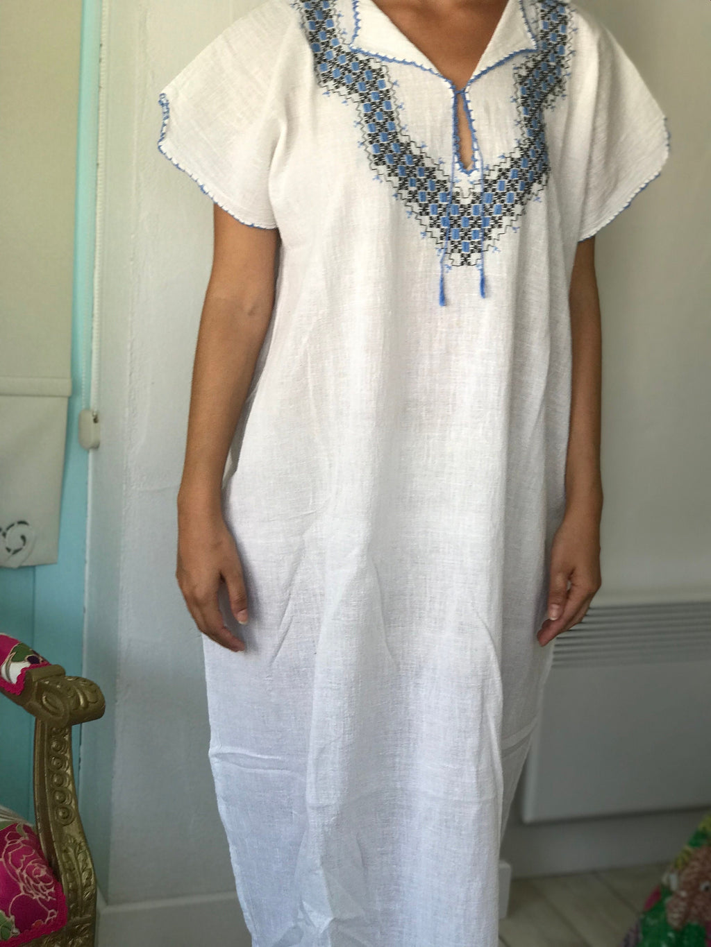 1970s hand loomed boho style  muslin dress with hand embroidered to the front