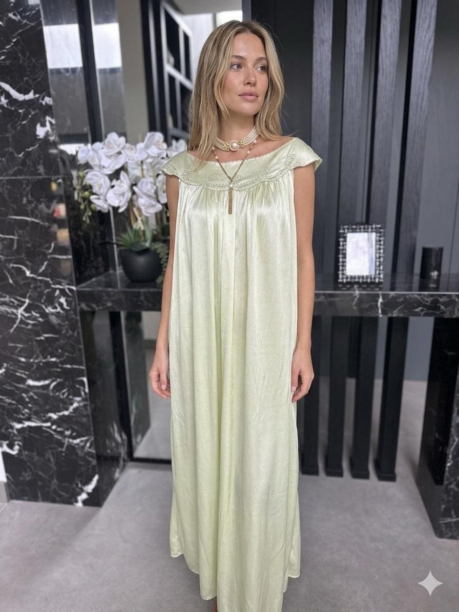 Antique 1920s-1930s Sage Silk Nightgown – Authentic Art Deco Off-Shoulder Gown