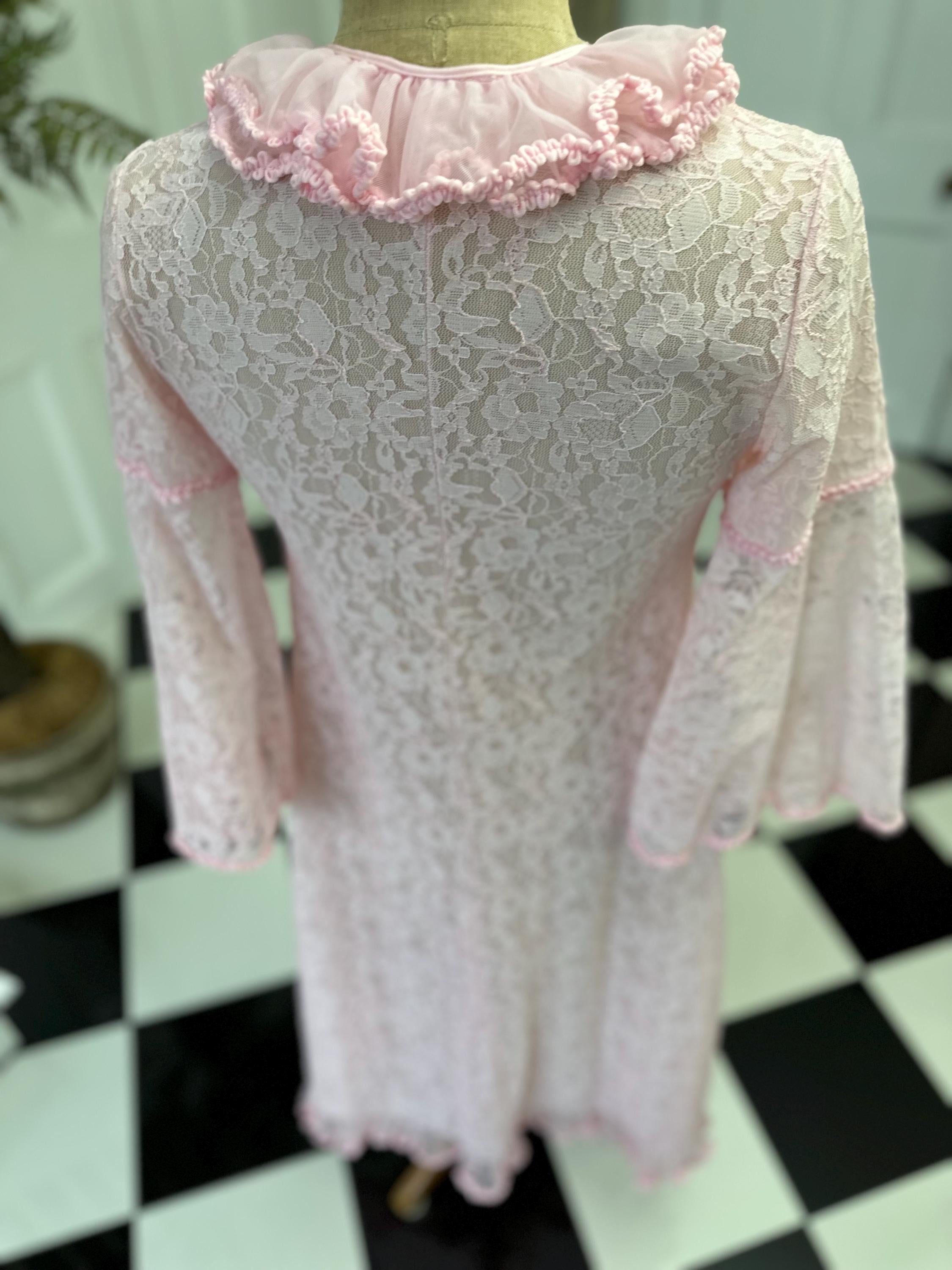Vintage 1970 Pink Lace Peignoir  Bell Sleeves  Ruffle Neckline