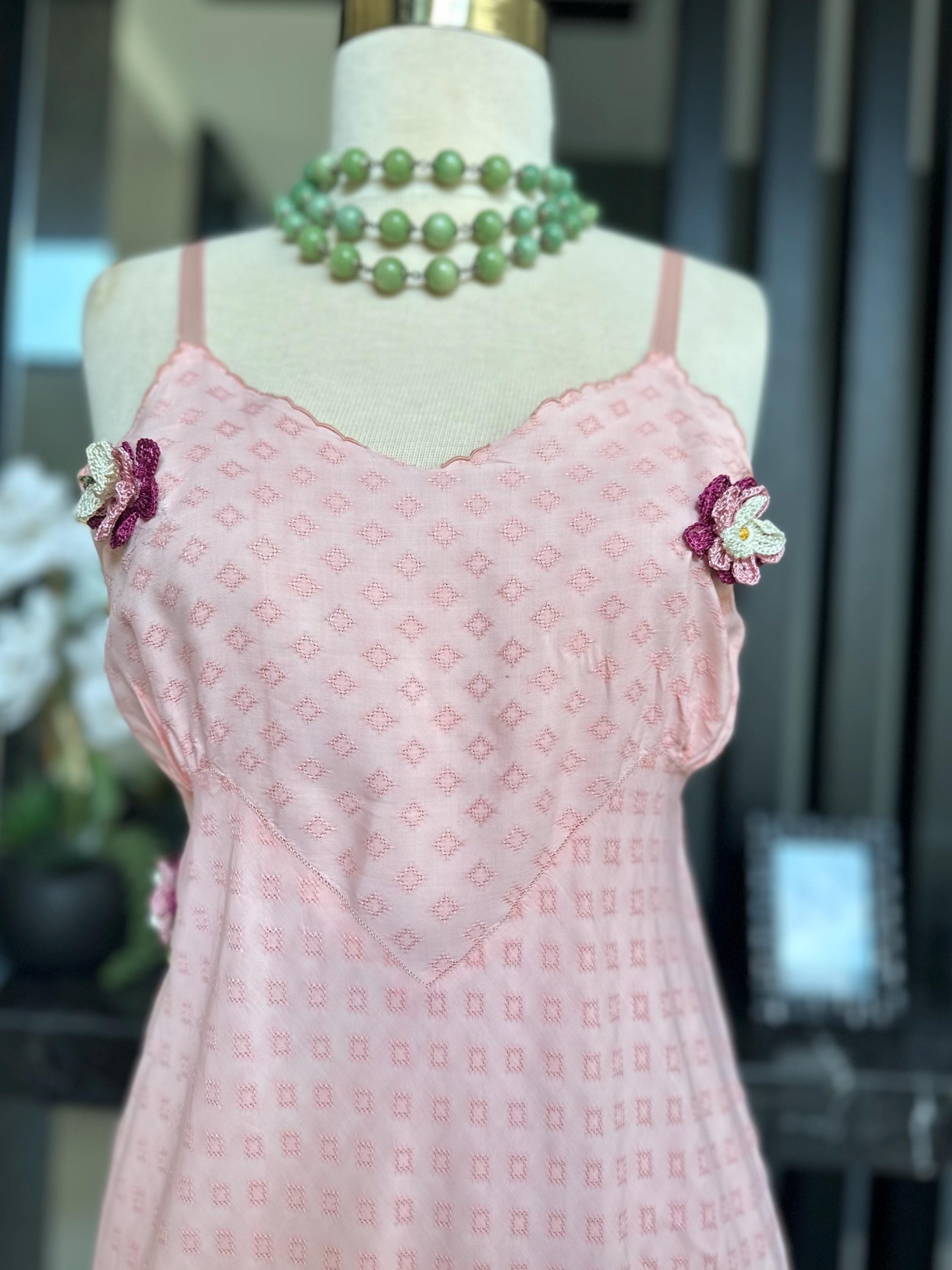1930s Dreamy Pink Silk Slip Dress – 3D crochet Rosettes